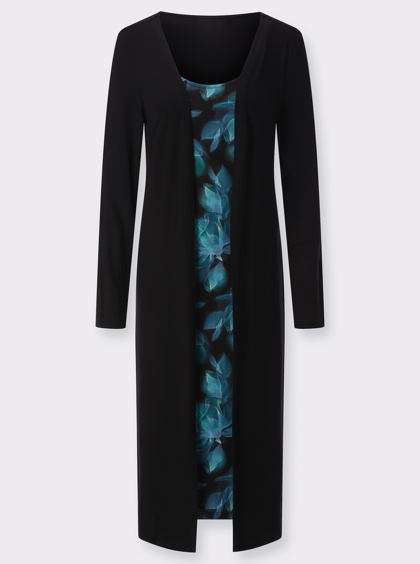 Jerseykleid in 2-in-1-Optik - schwarz-aquamarin-bedruckt