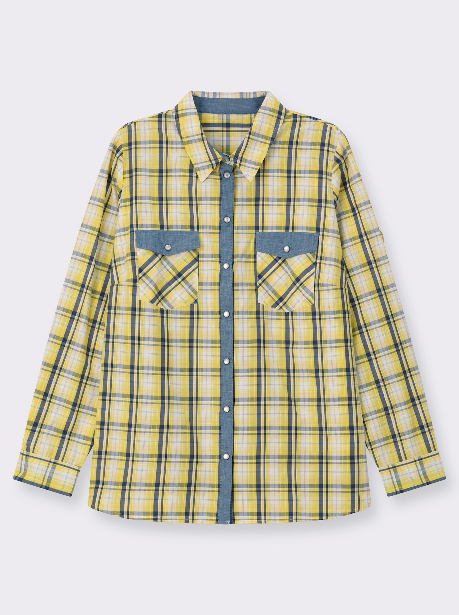 Karobluse mit aufgesetzten Brusttaschen - sonnengelb-weiß-kariert