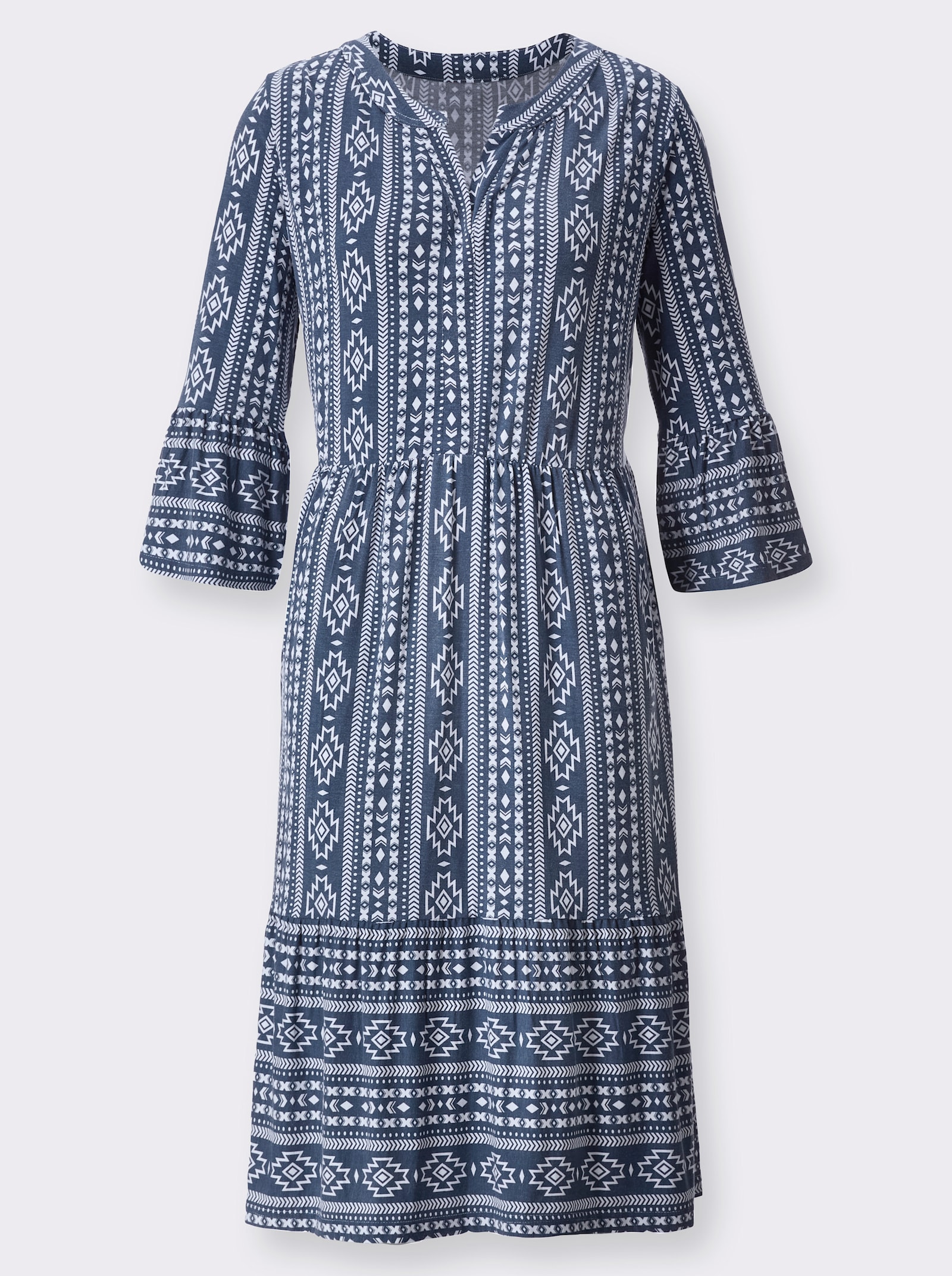 Volantjurk met etnopatroon - rookblauw/wit bedrukt