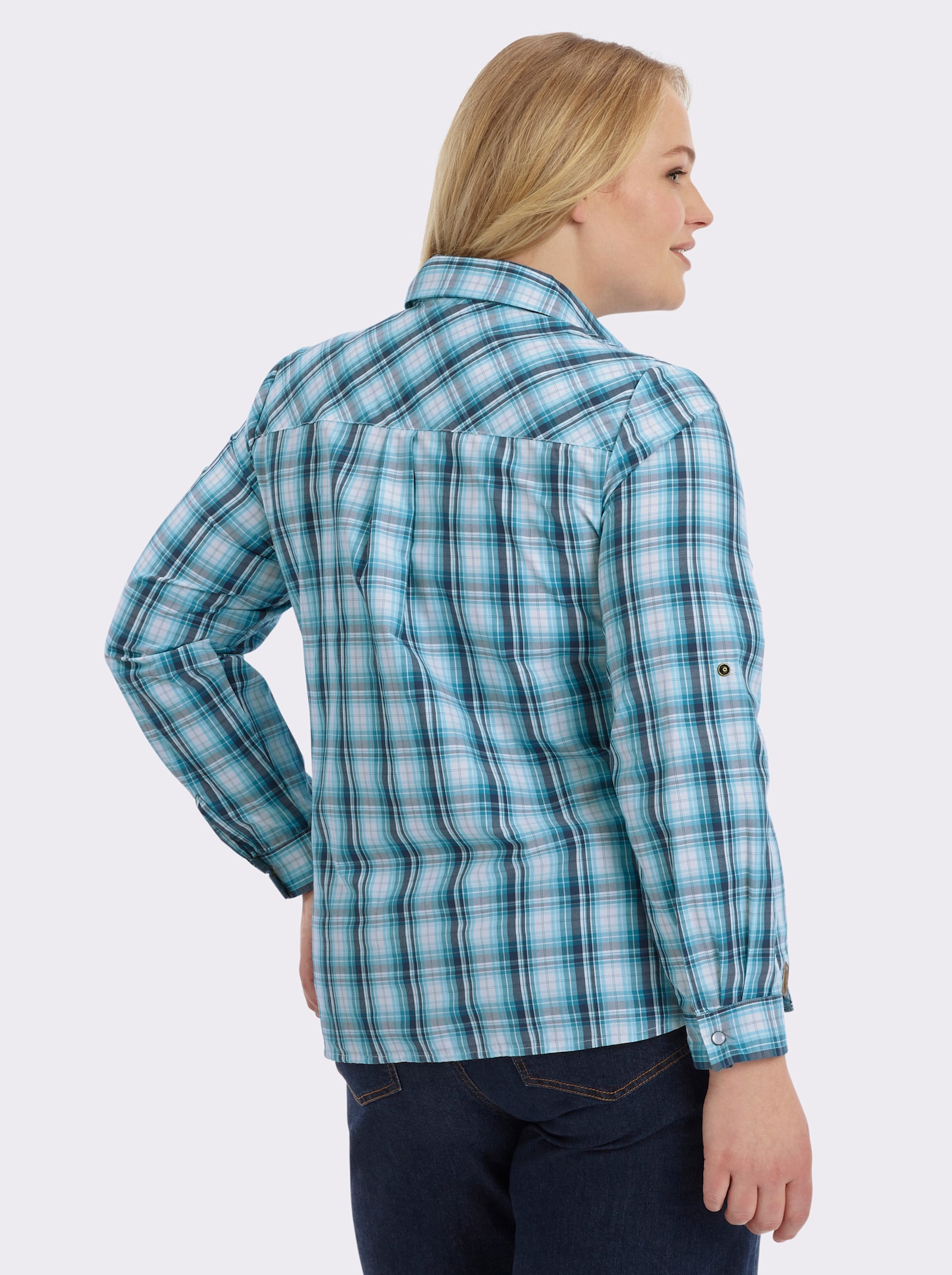 Karobluse mit aufgesetzten Brusttaschen - türkis-weiß-kariert