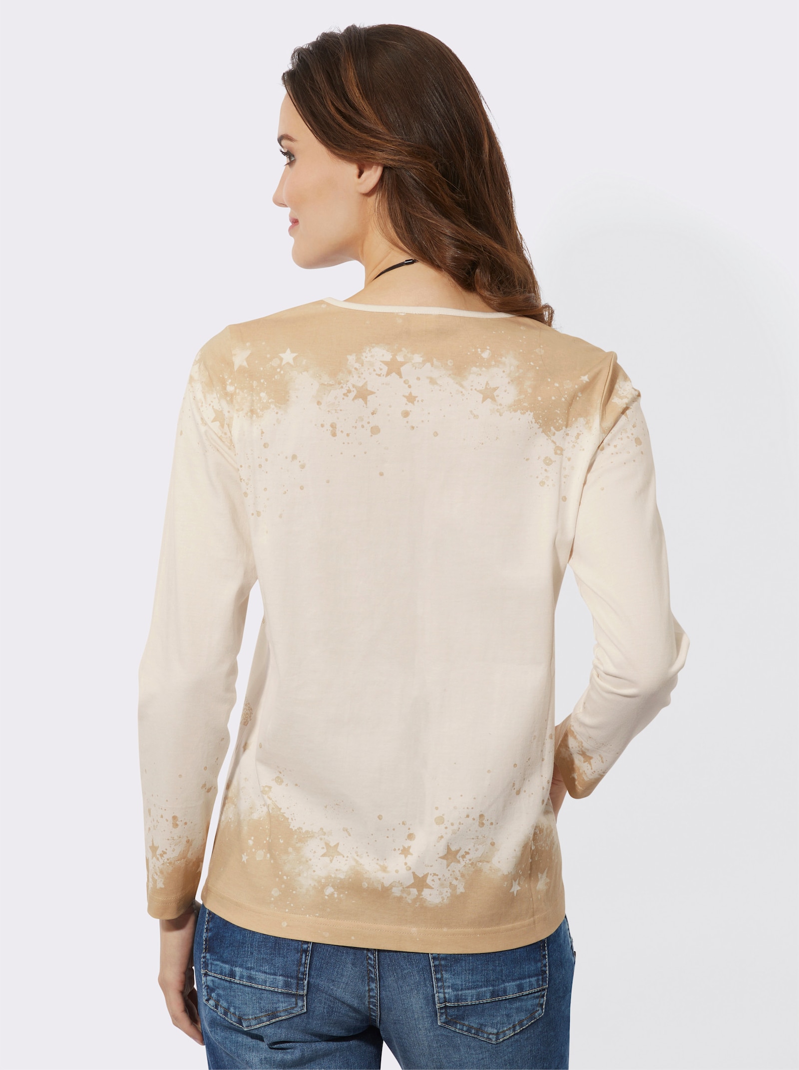 Print-Shirt mit glänzendem Sternendruck - champagner-schwarz-bedruckt