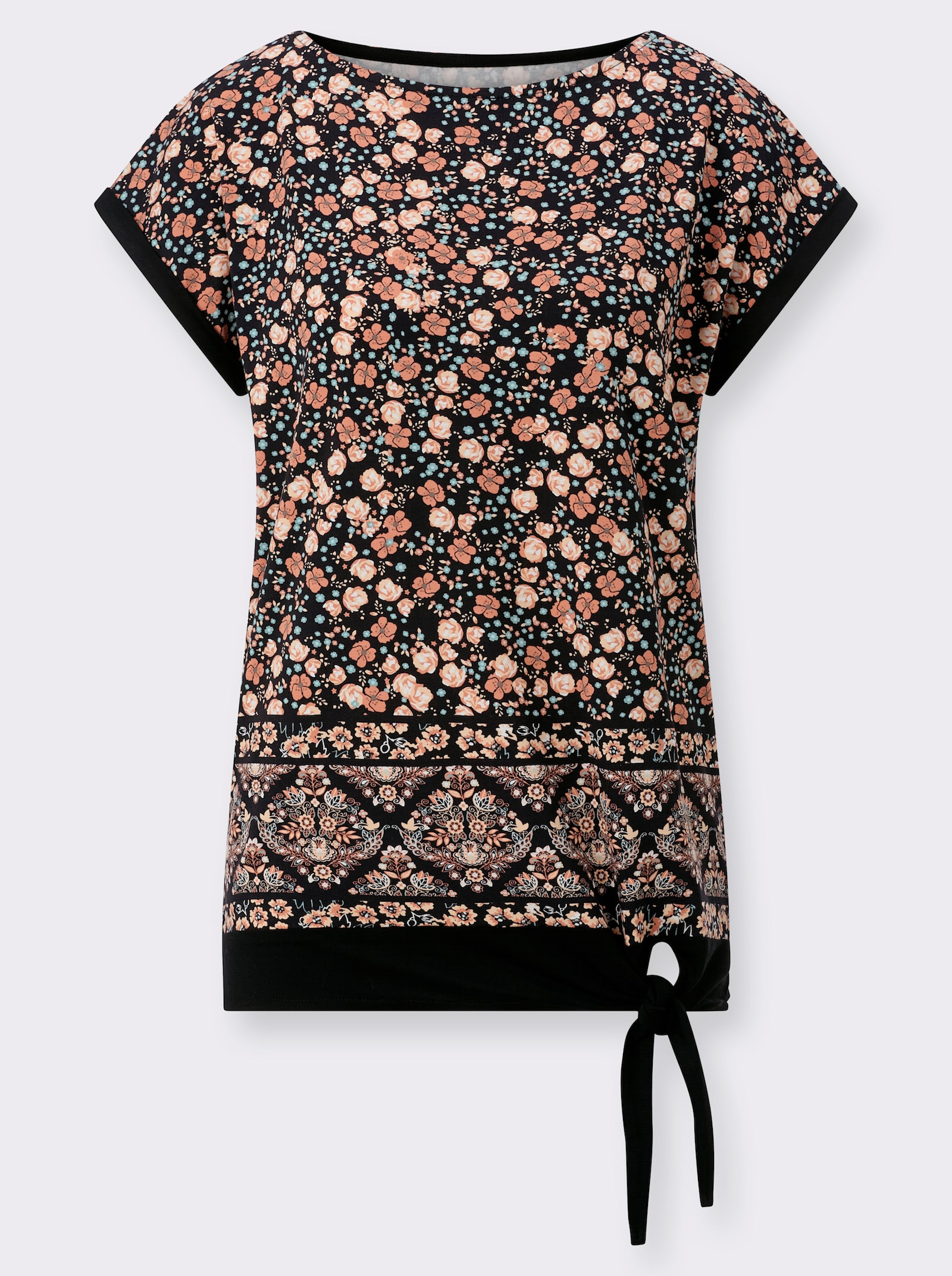 Kurzarmshirt mit Bindeband am Saum - papaya-schwarz-bedruckt