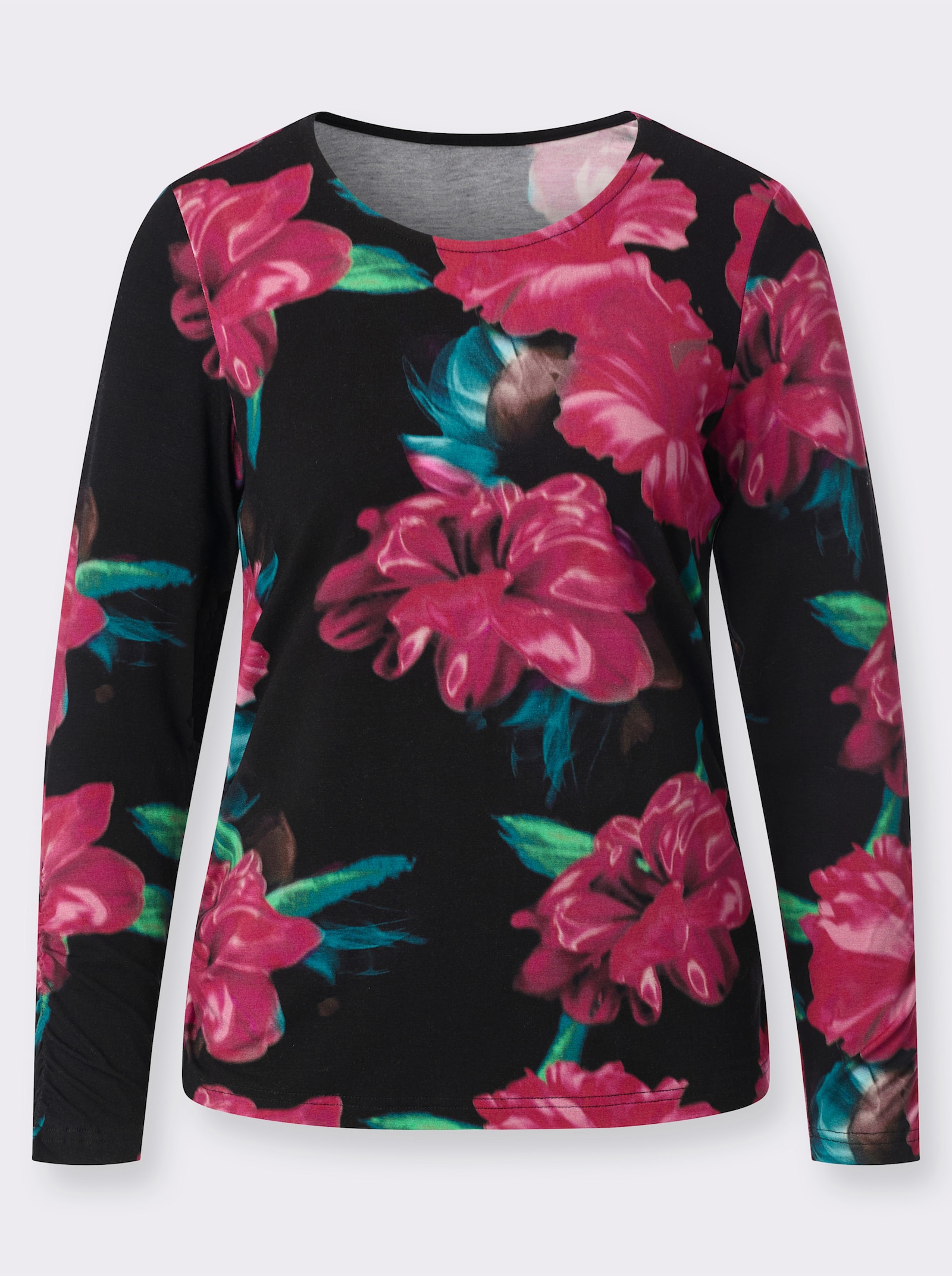 Rundhalsshirt mit modischen Raffungen - schwarz-malve-bedruckt