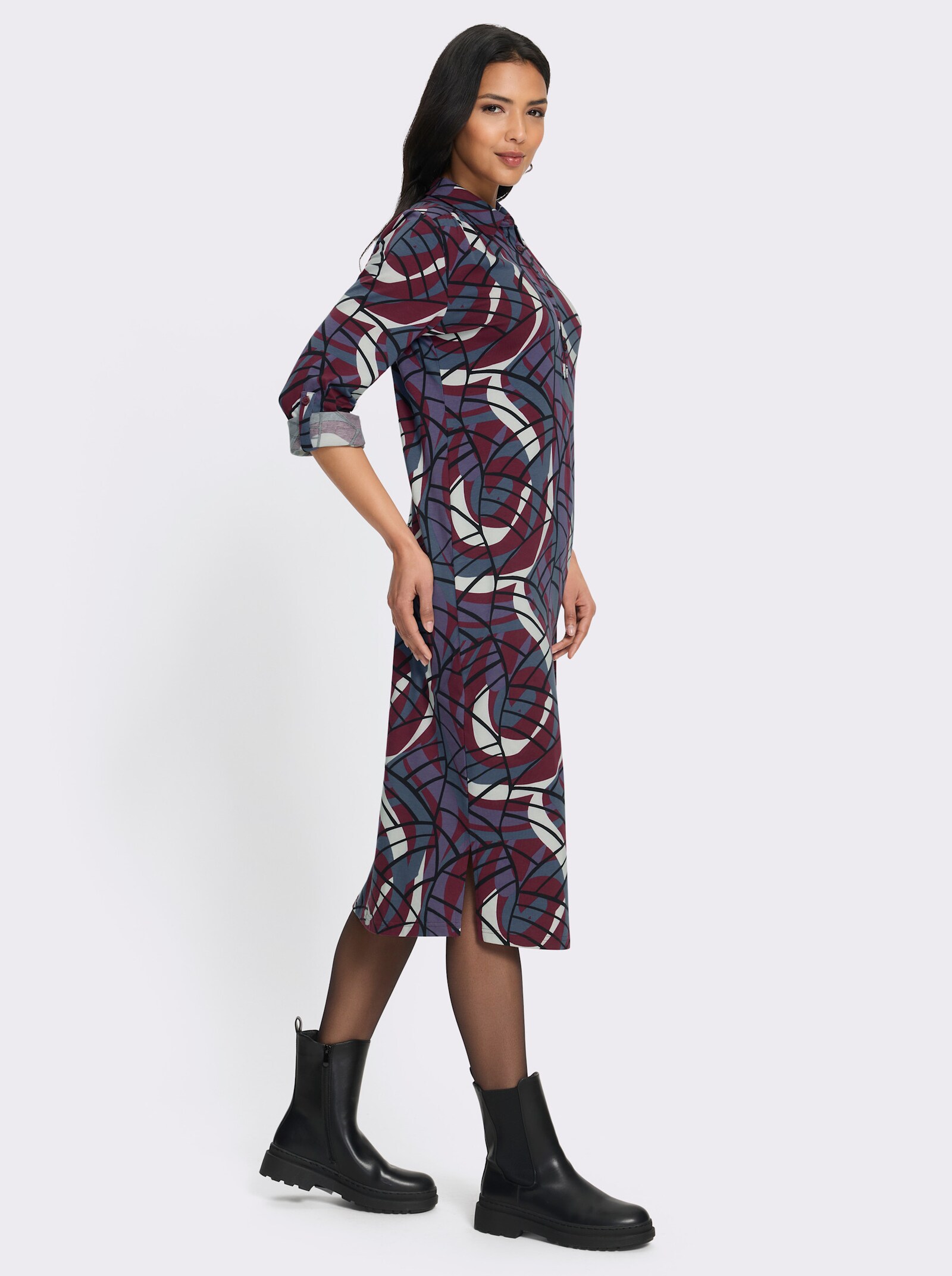 Polokleid im Baumwoll-Mix - bordeaux-rauchblau-bedruckt