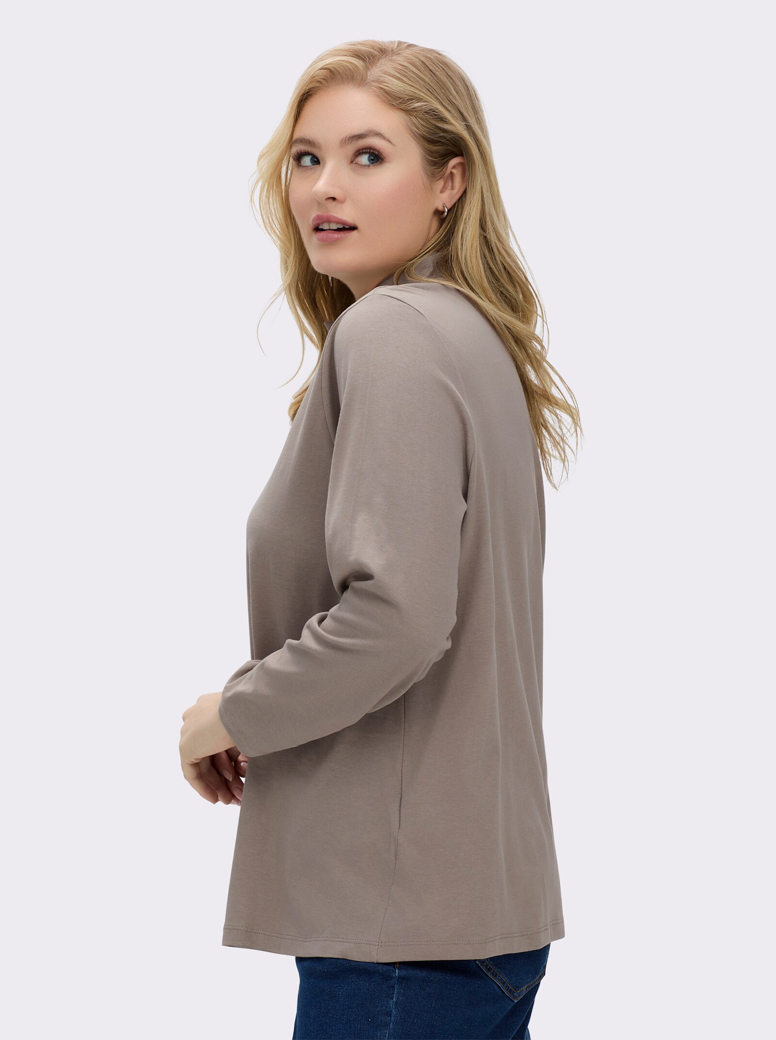 Stehkragenshirt mit Schmuckknöpfen - taupe