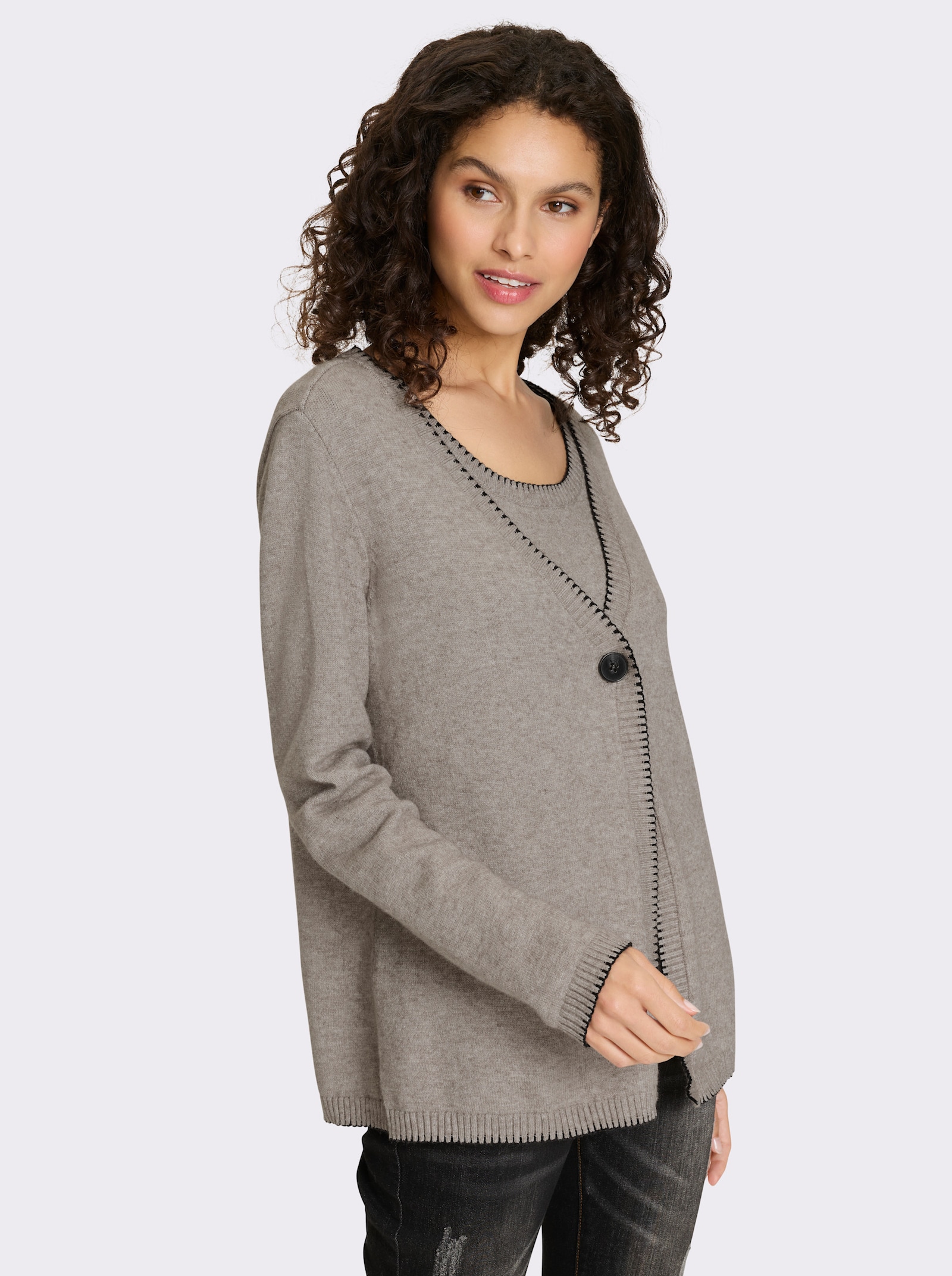 heine Twin-Set mit Kontrast-Details - taupe gemêleerd