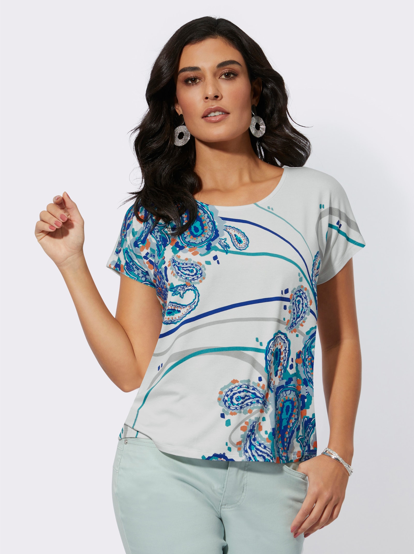 Rundhalsshirt mit platziertem Paisley-Druck - ecru-kalkmint-bedruckt