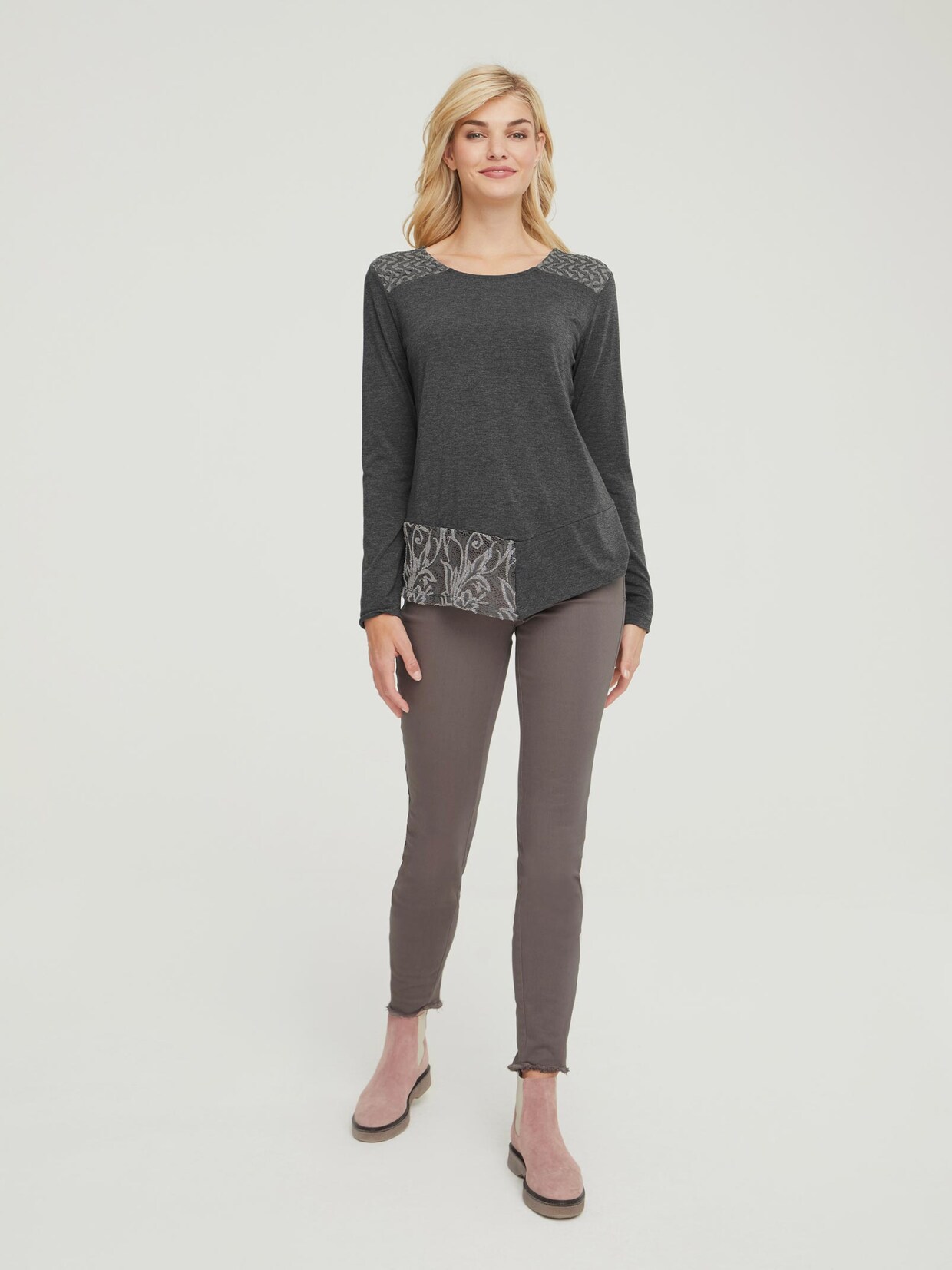 Linea Tesini Rundhals-Shirt - grau-melange