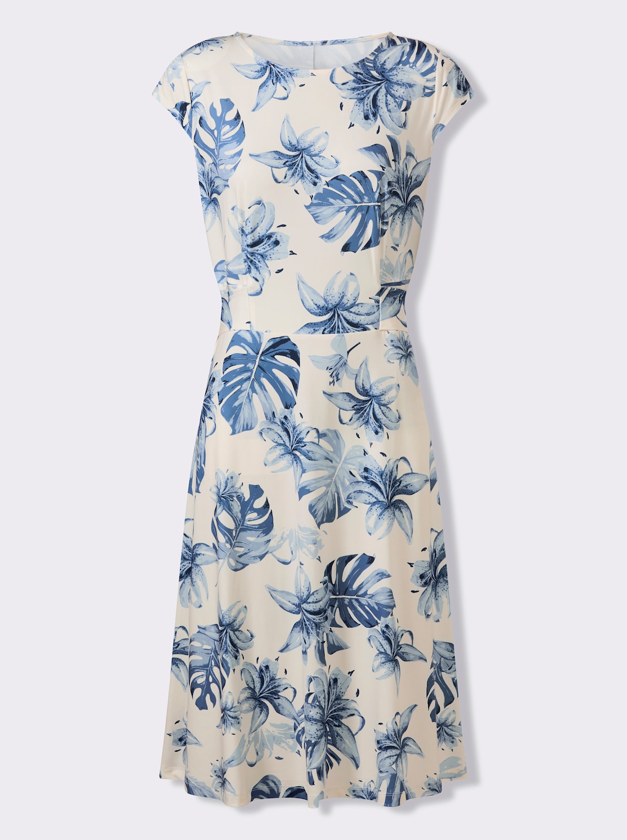 Jerseykleid mit Bindegürtel - eisblau-champagner-bedruckt