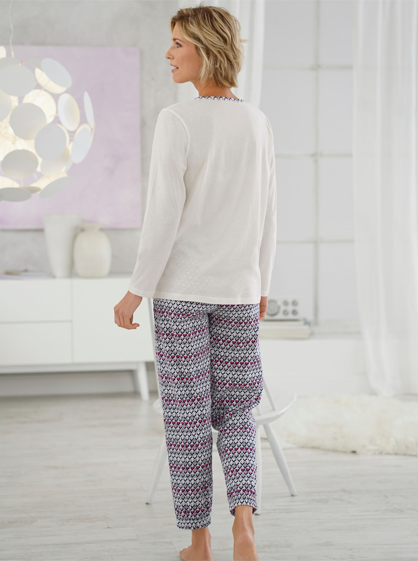 wäschepur Schlafanzug mit Gummizug an den Beinabschlüssen - weiß-bedruckt