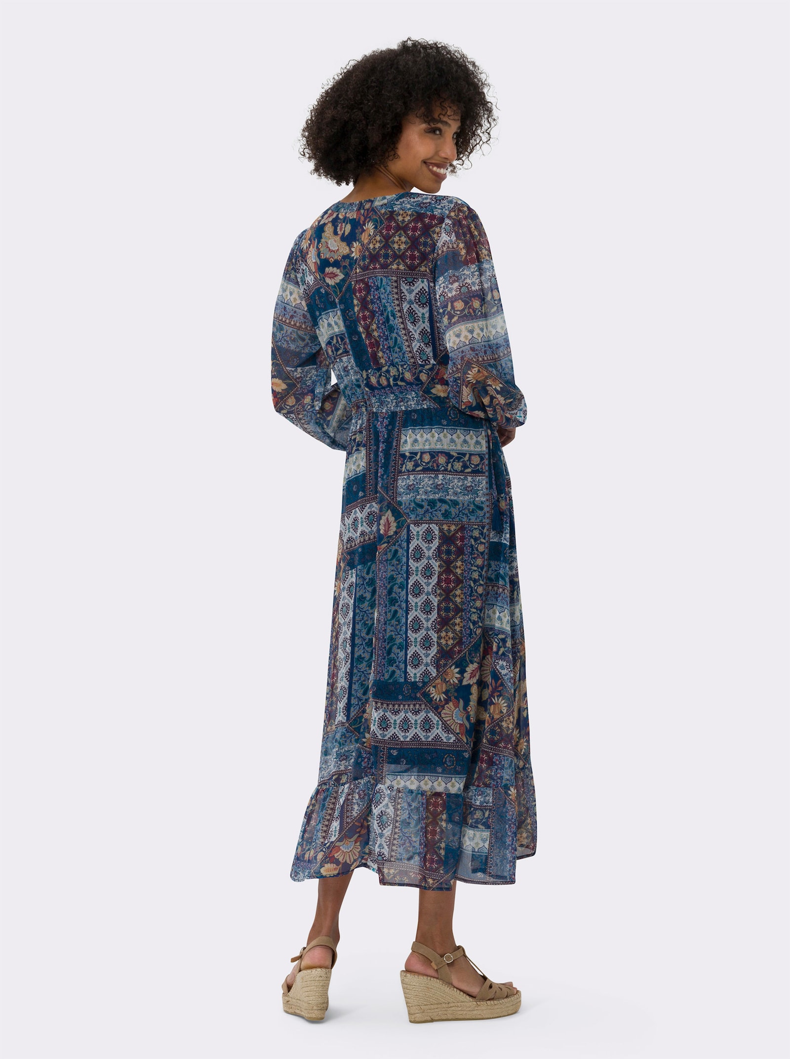 heine Jurk met print en elastische mouwboordjes - marine/oker bedrukt