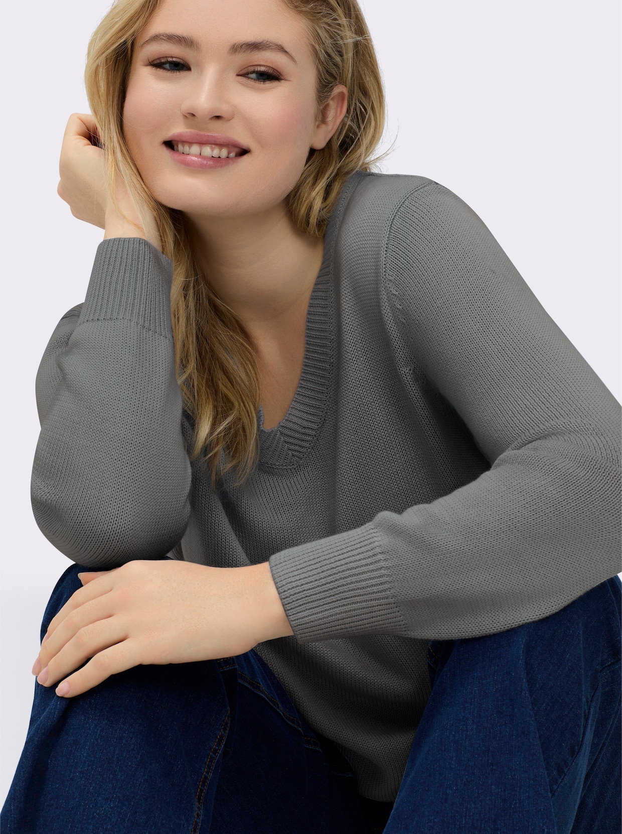 V-Ausschnitt-Pullover mit Baumwolle - grau-meliert