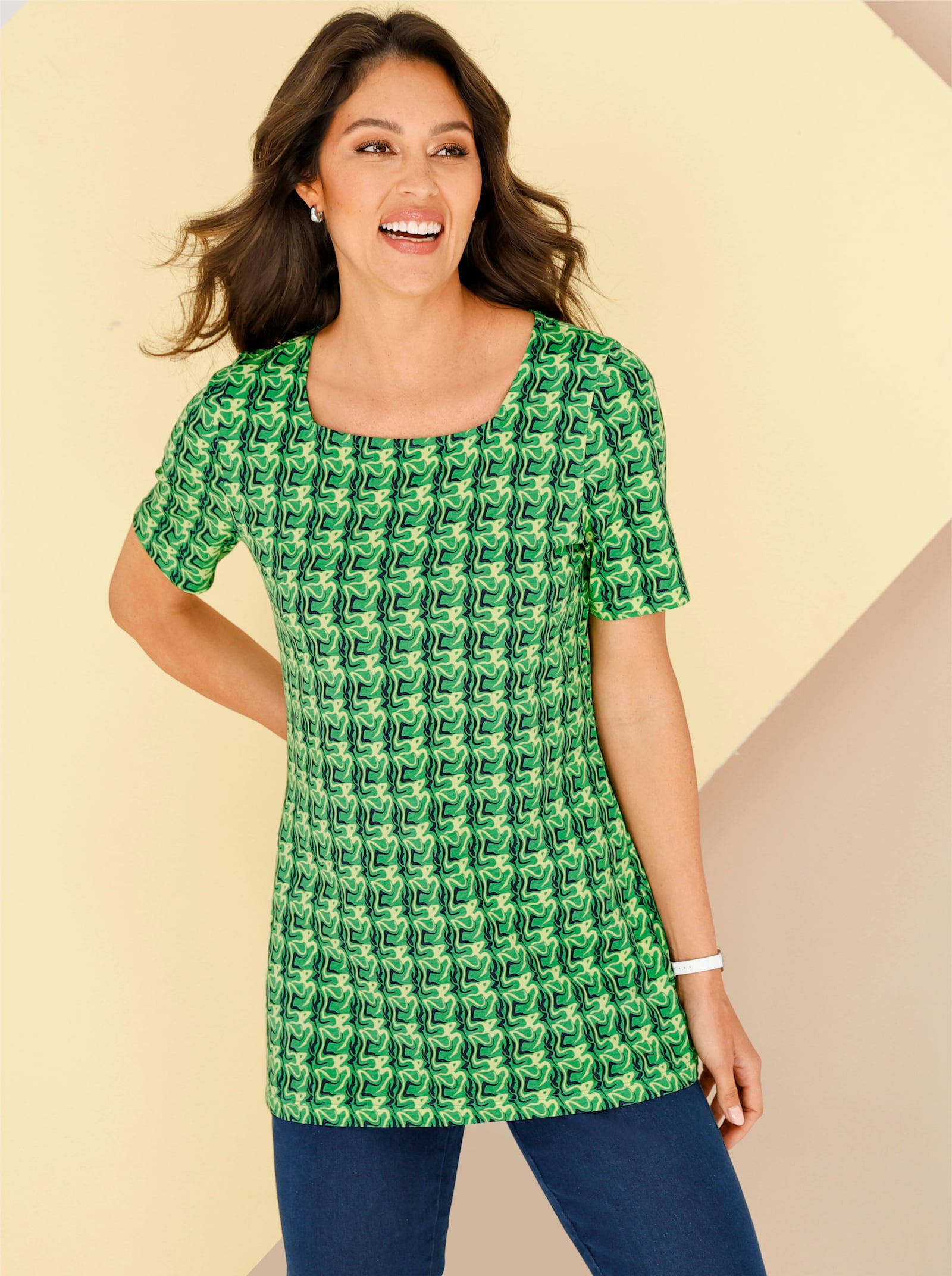 Lang shirt in marmerdessin - grasgroen/marine bedrukt