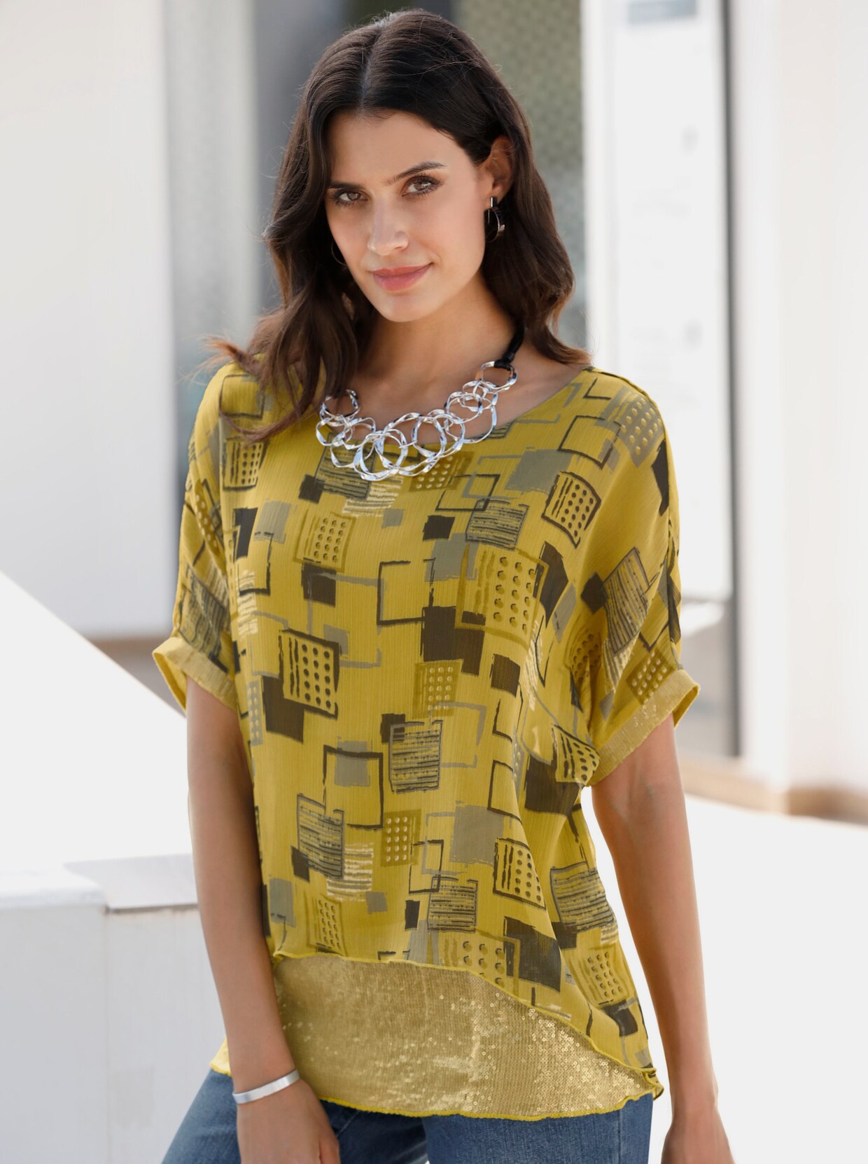 Chemisier long - jaune-marine imprimé