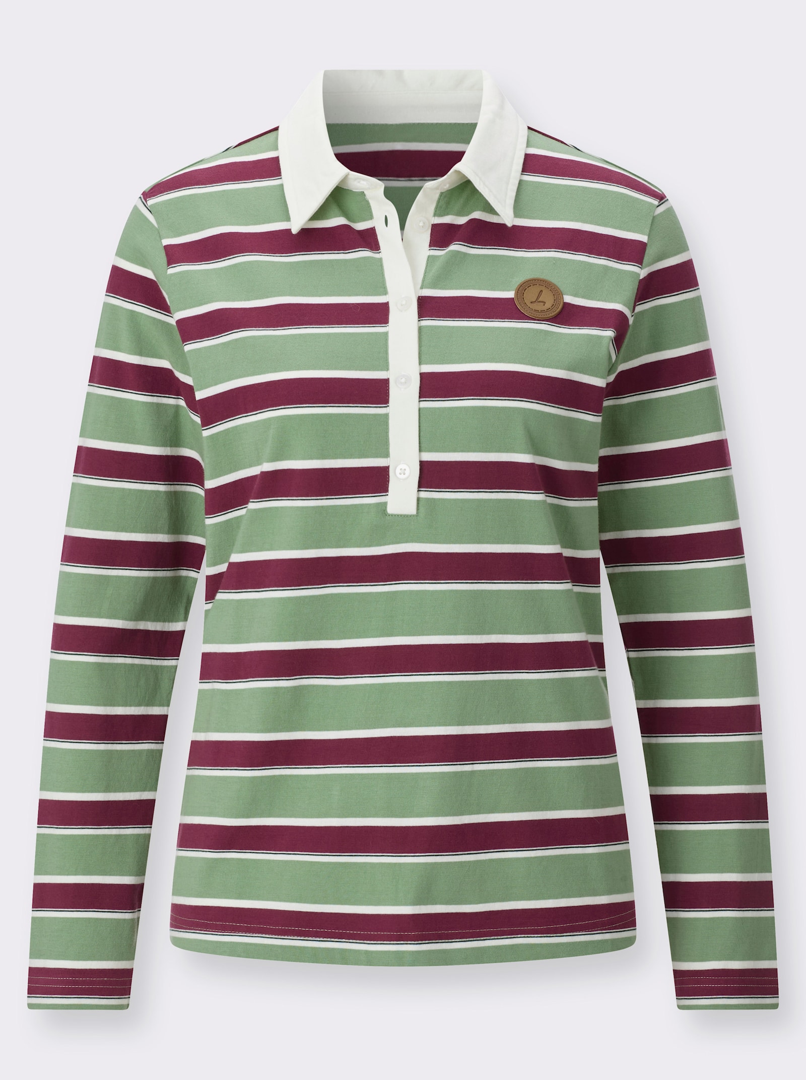  Langarm-Poloshirt mit garngefärbten Ringeln - eucalyptus-bordeaux-geringelt
