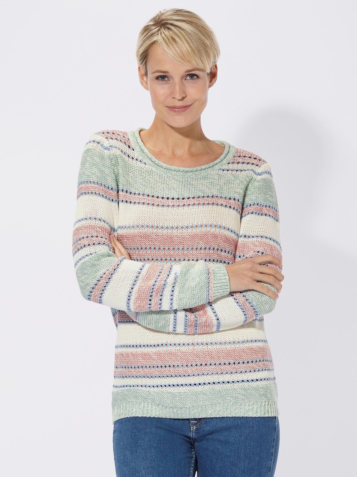 Pullover met ronde hals - mint/ecru gestreept
