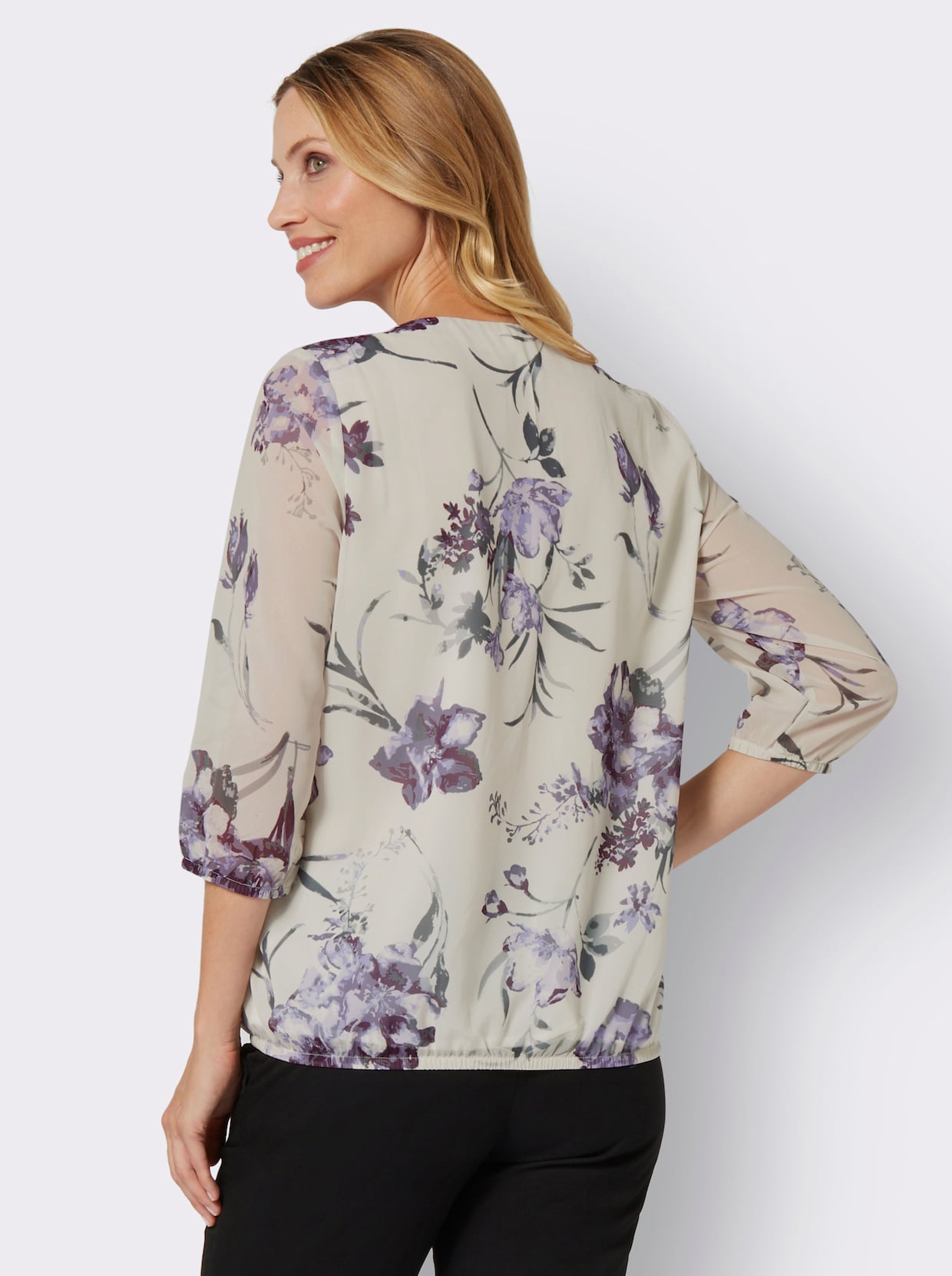 Schlupf-Bluse - champagner-violett-bedruckt