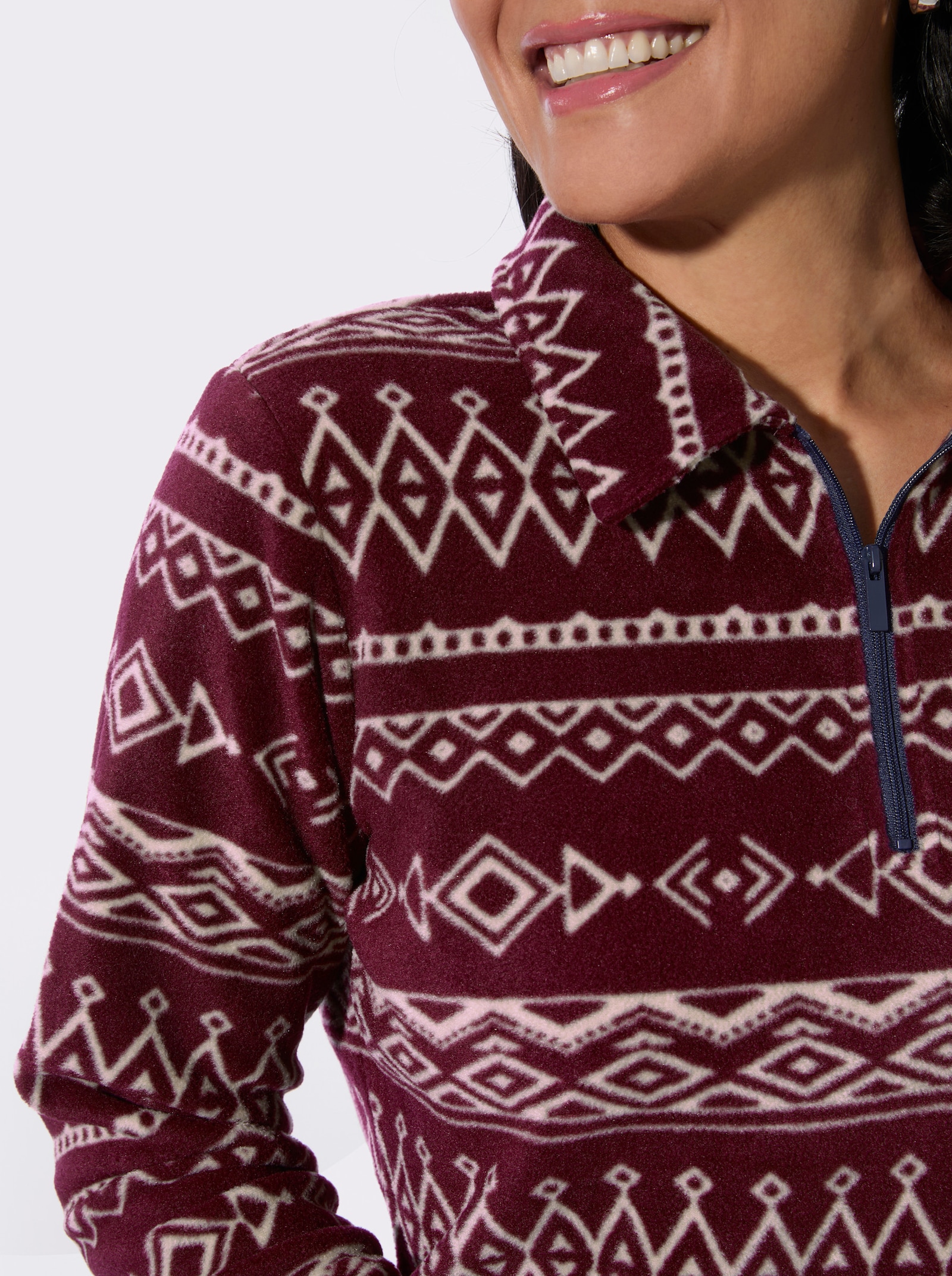 Fleeceshirt mit Reißverschluss - bordeaux-beige-bedruckt