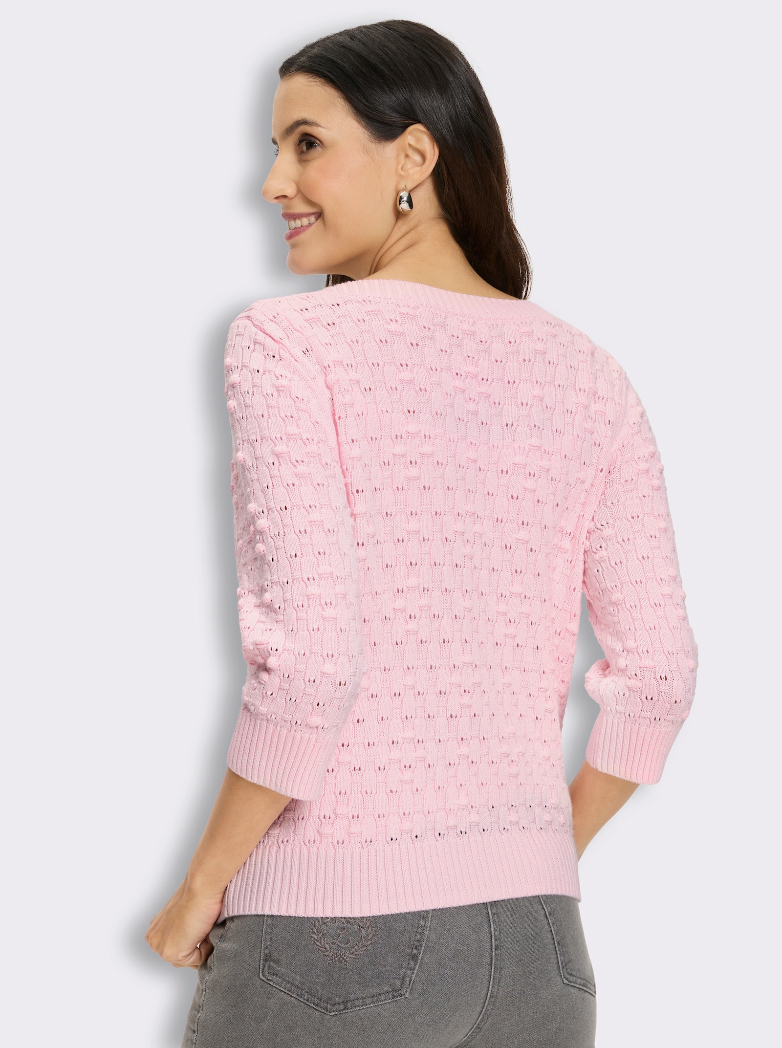 Baumwollpullover mit Strickmuster in 3D-Optik - hellrosé