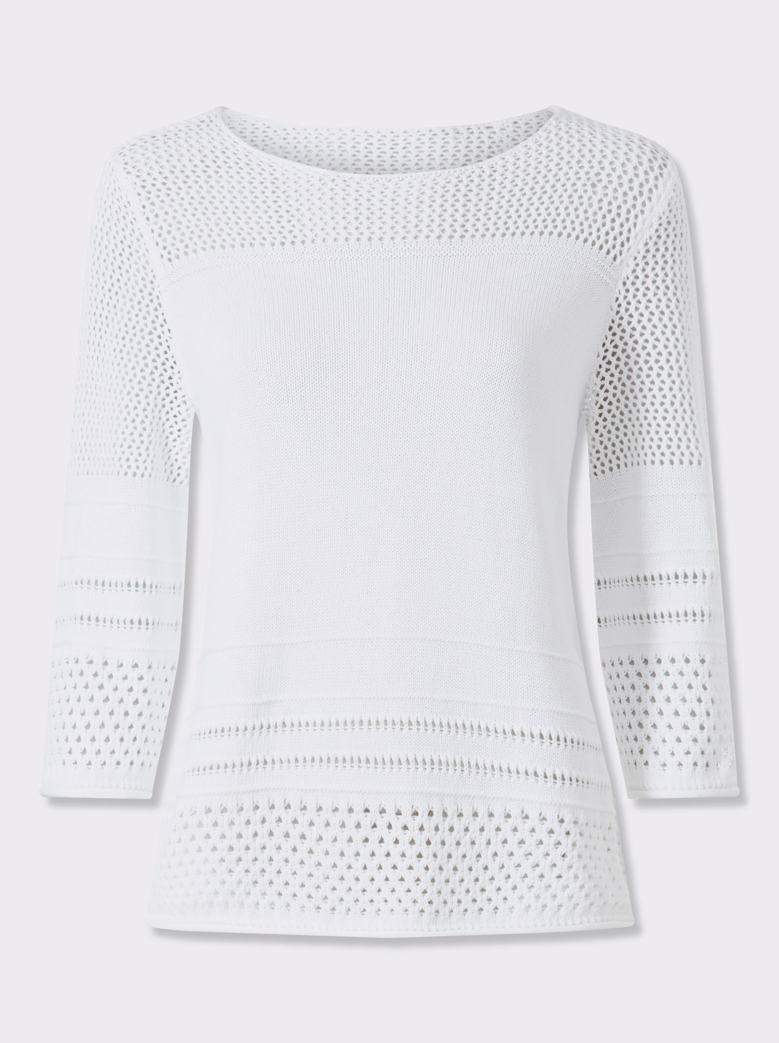 Ajourpullover mit Rollkanten - weiss