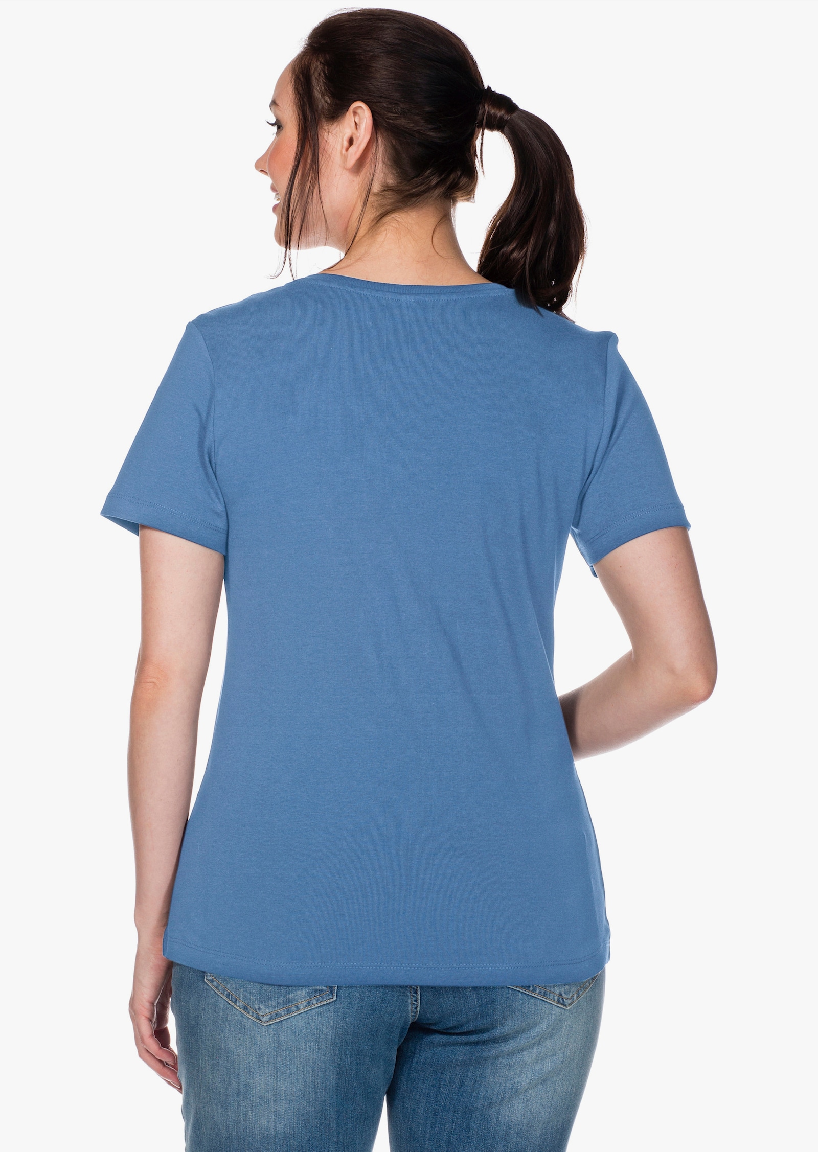 sheego T-shirt met V-hals, ribmateriaal - middenblauw