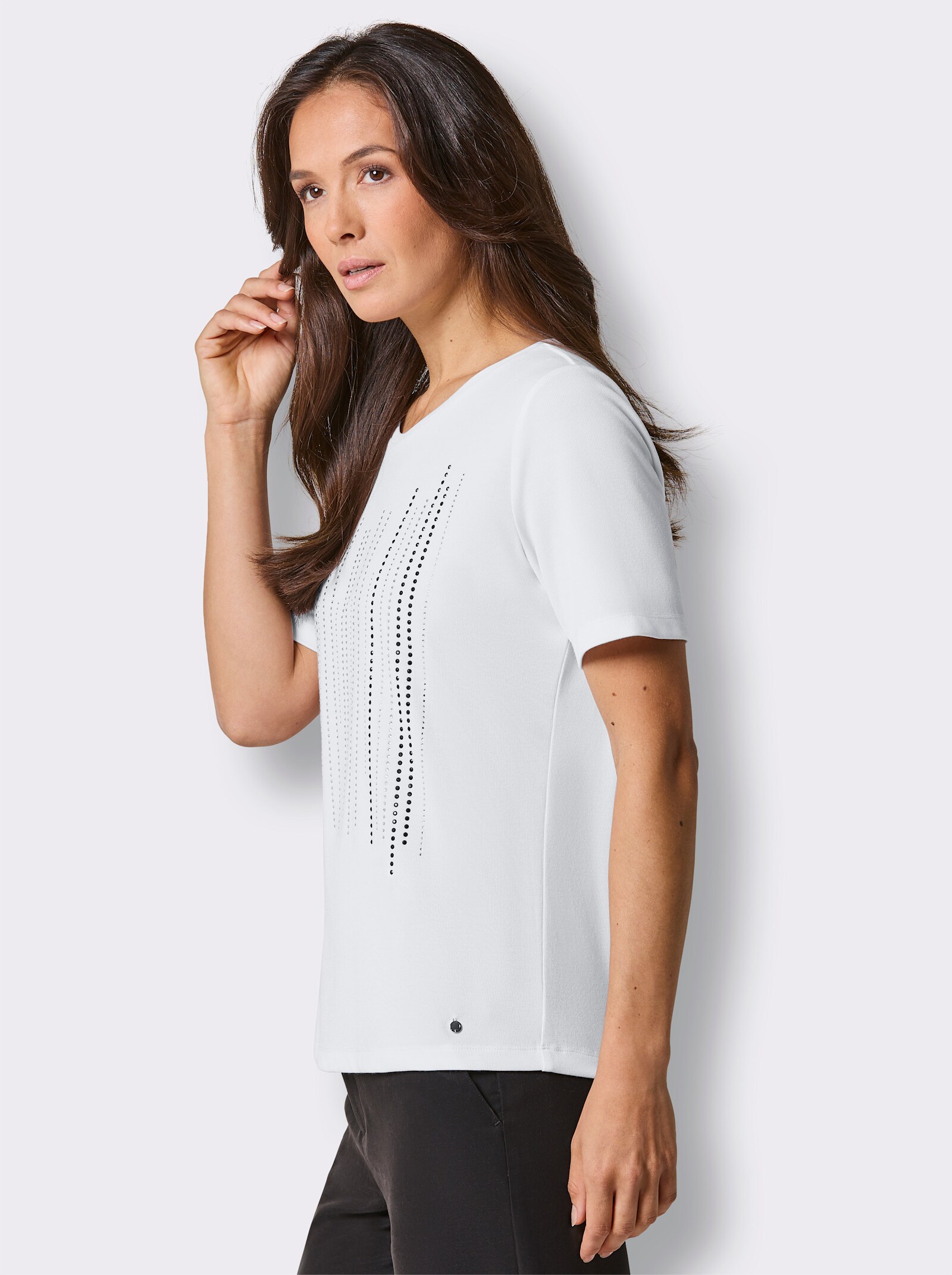 CREATION L PREMIUM Kurzarmshirt mit Glitzersteinchen - weiß