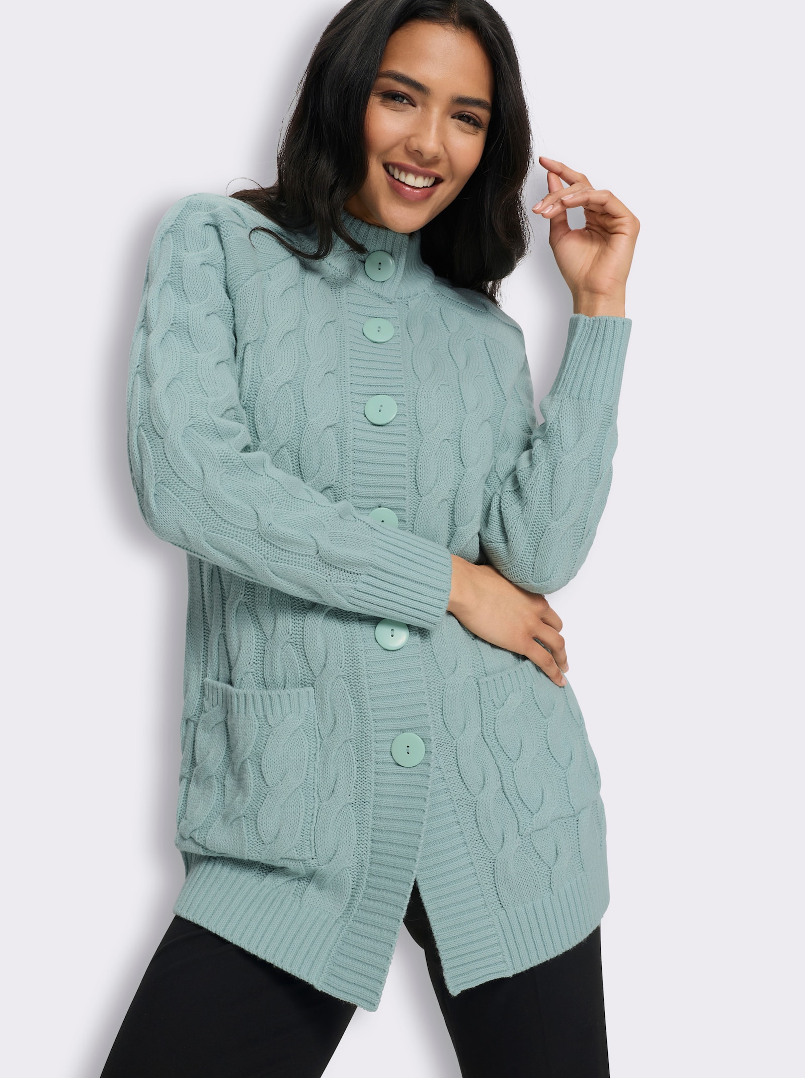 Longstrickjacke mit Zopfmuster - kalkmint