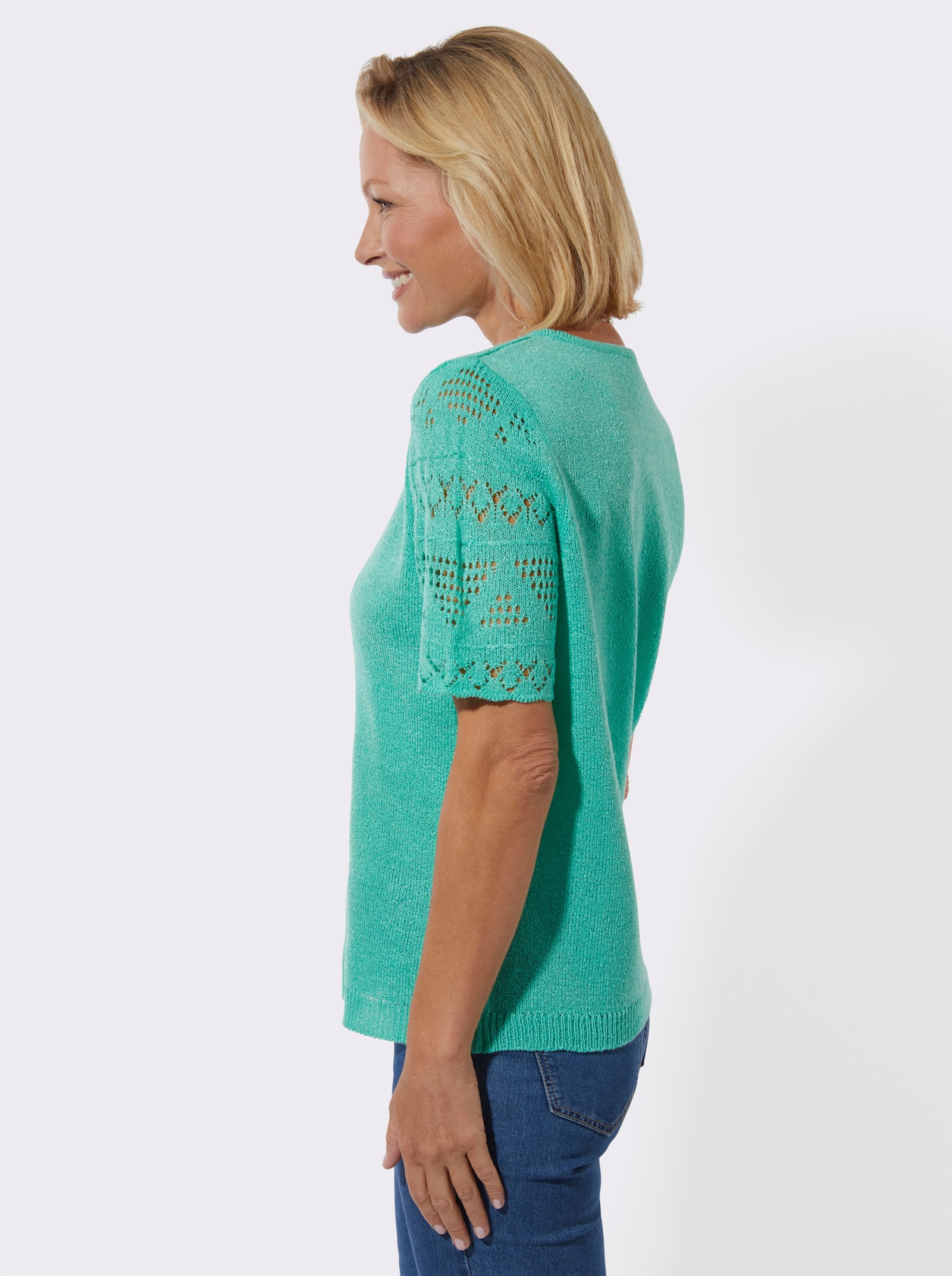 Bouclé-Pullover im Ajourdessin - blaugrün