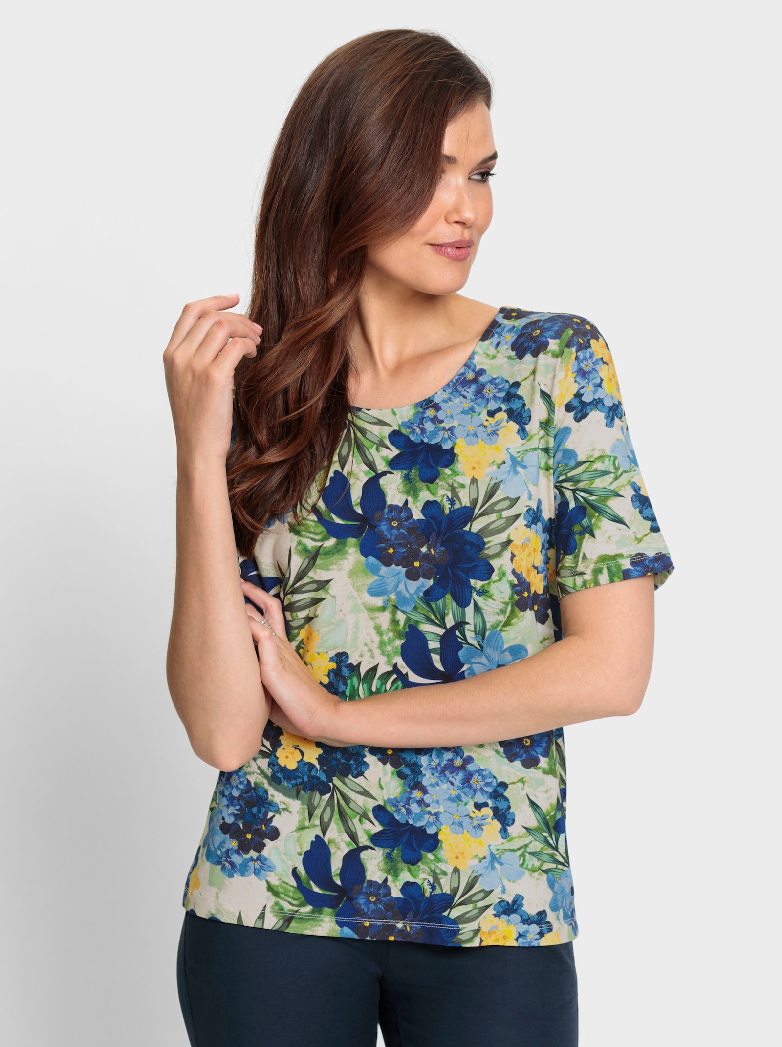 Kurzarmshirt in Stretch-Qualität - royalblau-smaragd-bedruckt