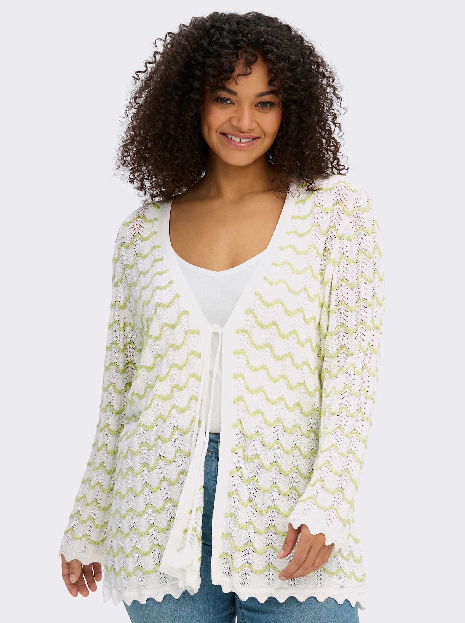 sheego Ajourstrickjacke mit Wellenmuster - ecru-pistazie