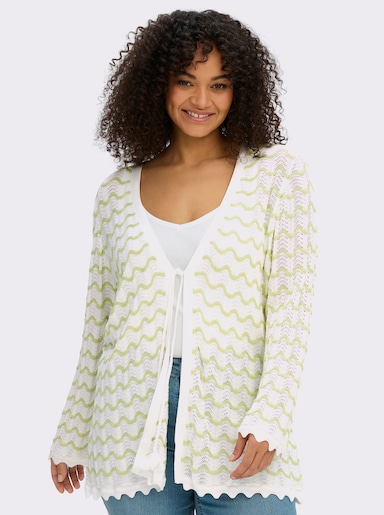 sheego Ajourstrickjacke mit Wellenmuster - ecru-pistazie