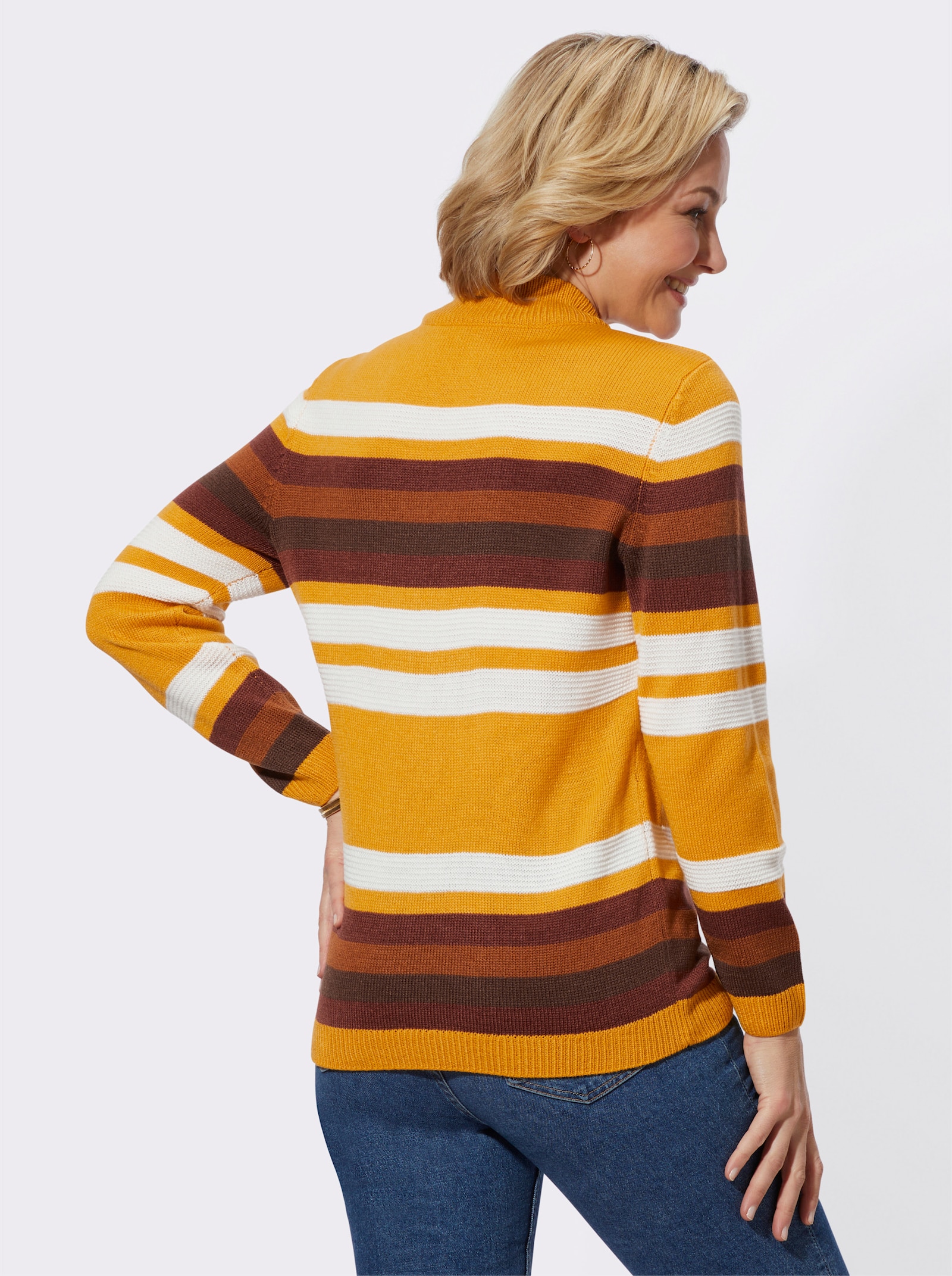 Streifenpullover mit Stehkragen - ocker-rotbraun-geringelt