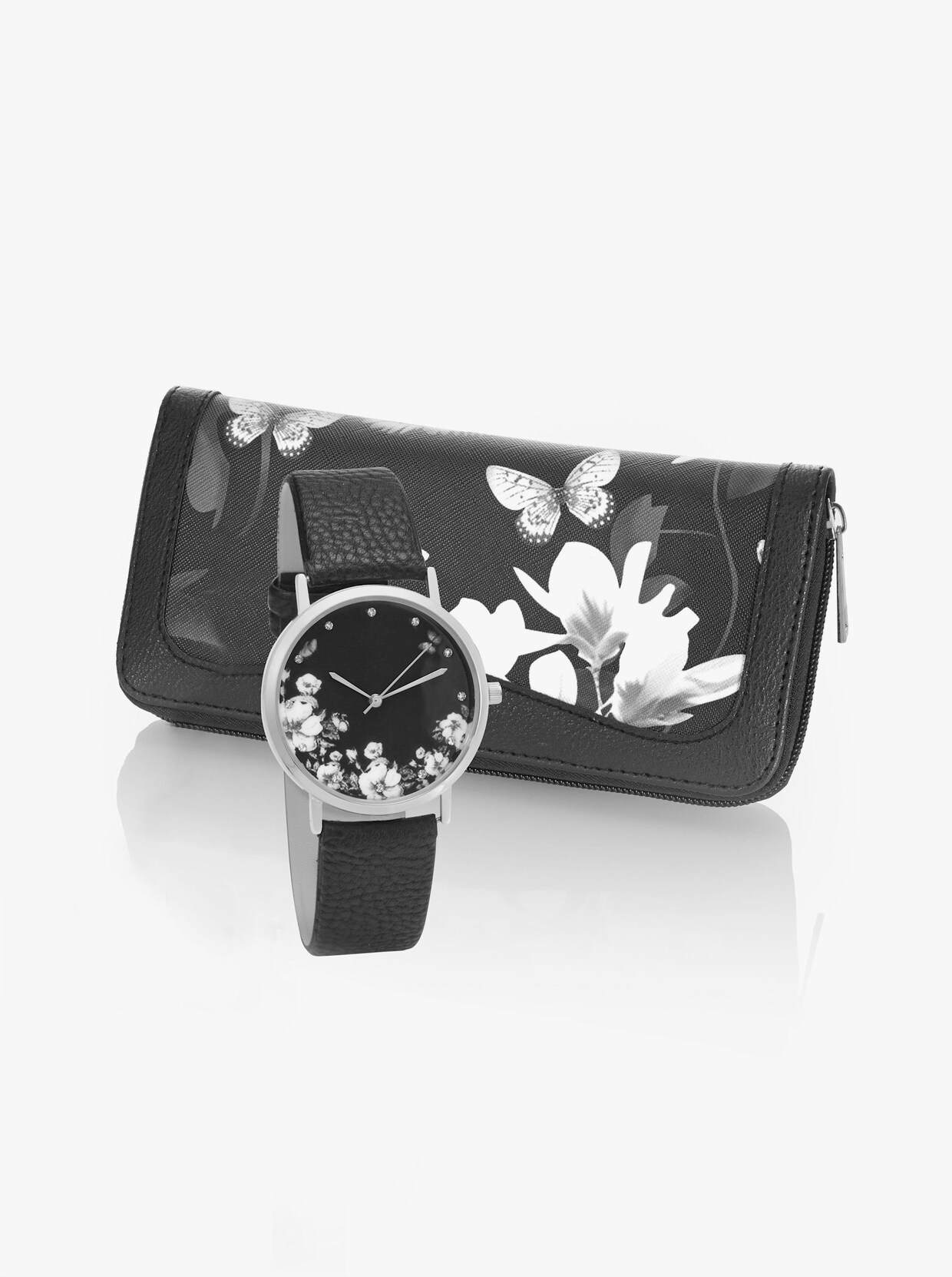Peněženka + hodinky - černá-květinový vzor