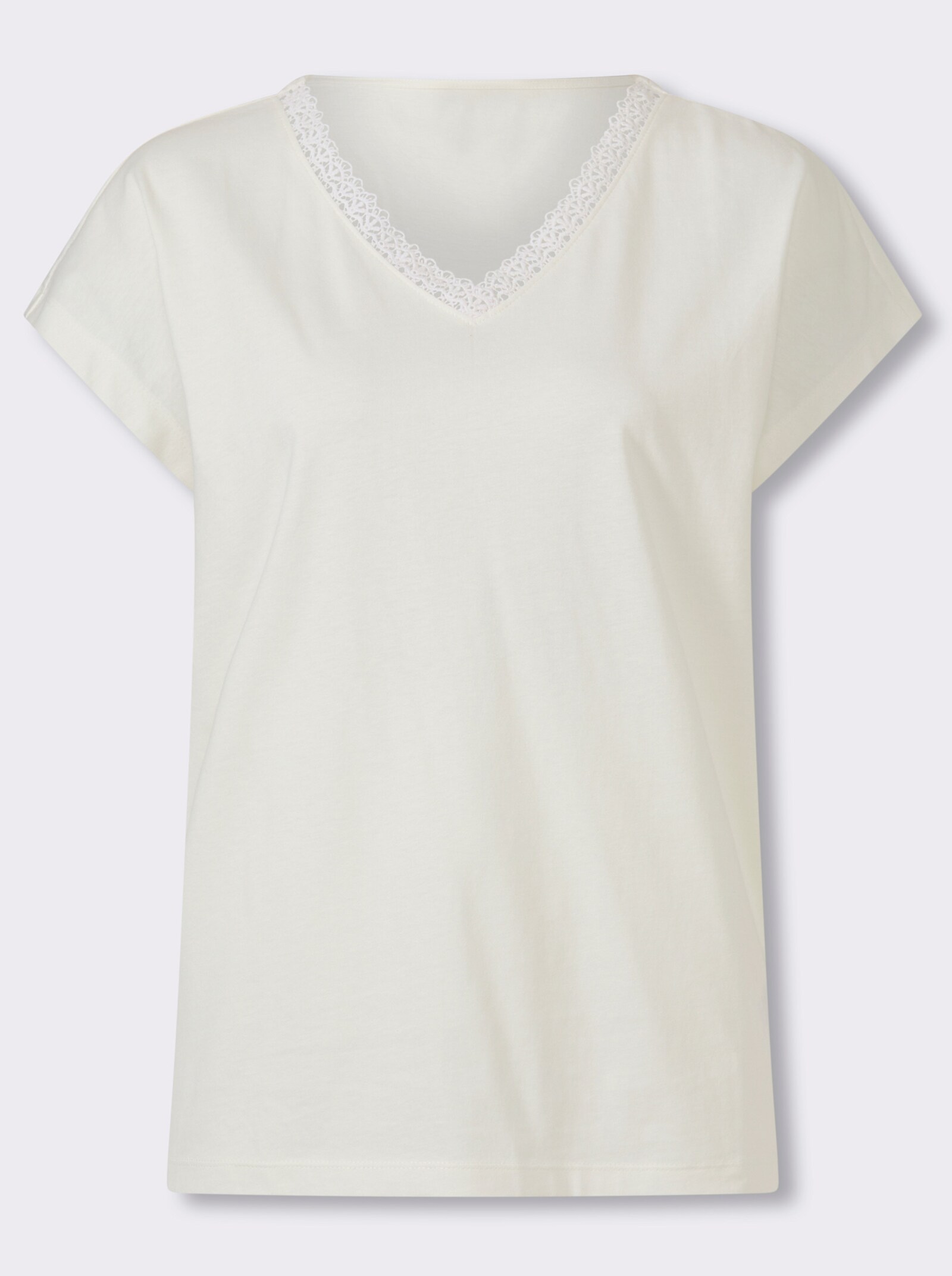 Kurzarmshirt mit Spitze am V-Ausschnitt - ecru