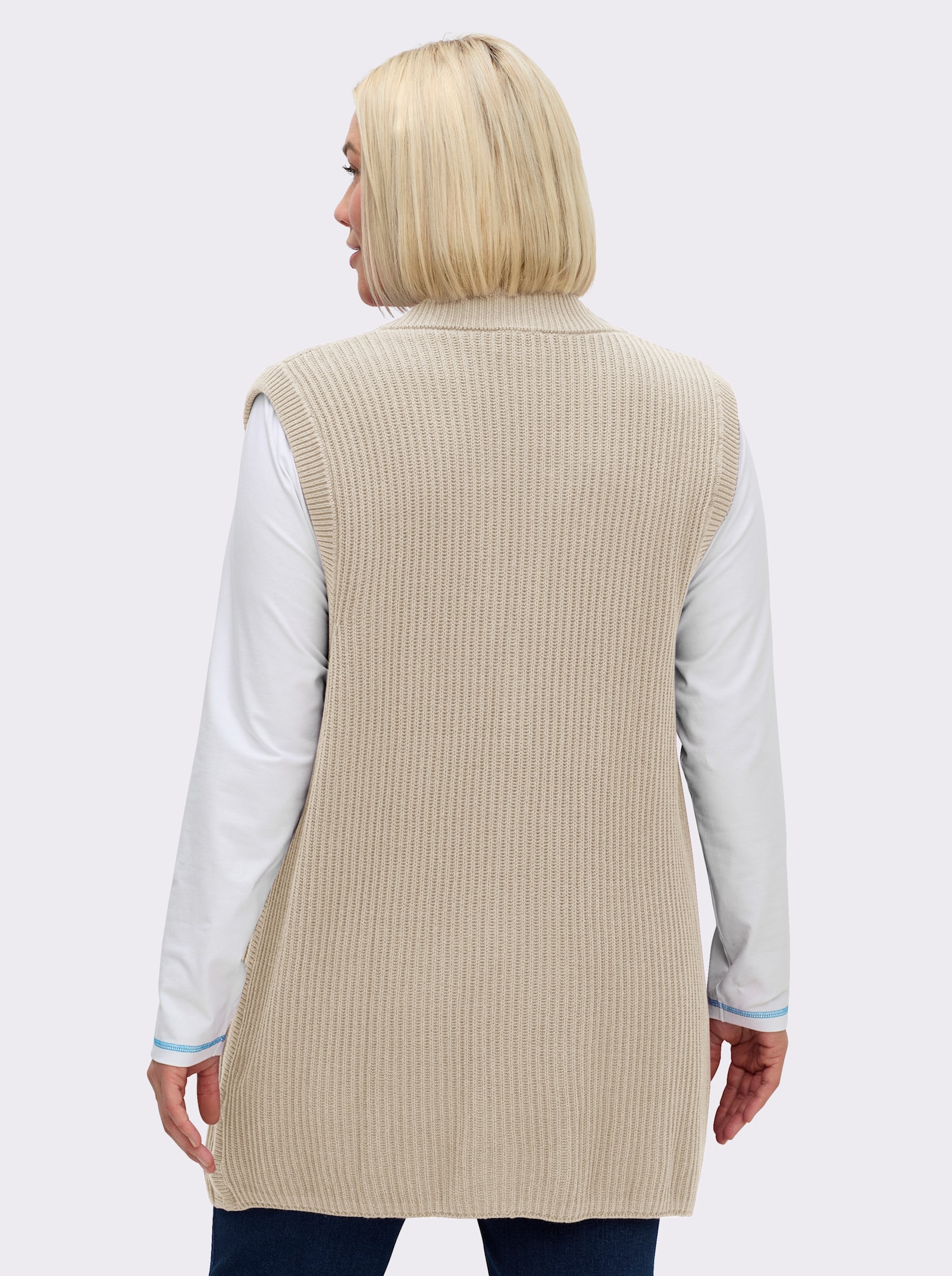 Strickweste in Longform, gerippt - sand
