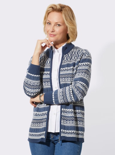 Strickjacke mit Norweger-Muster - dunkelblau-ecru-gemustert