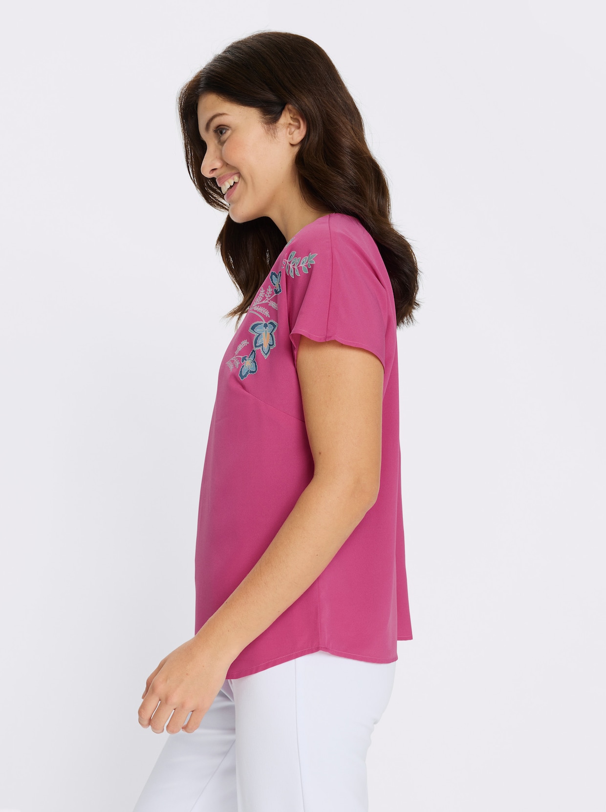 Schlupfbluse mit Blütenprint - fuchsia-jeansblau