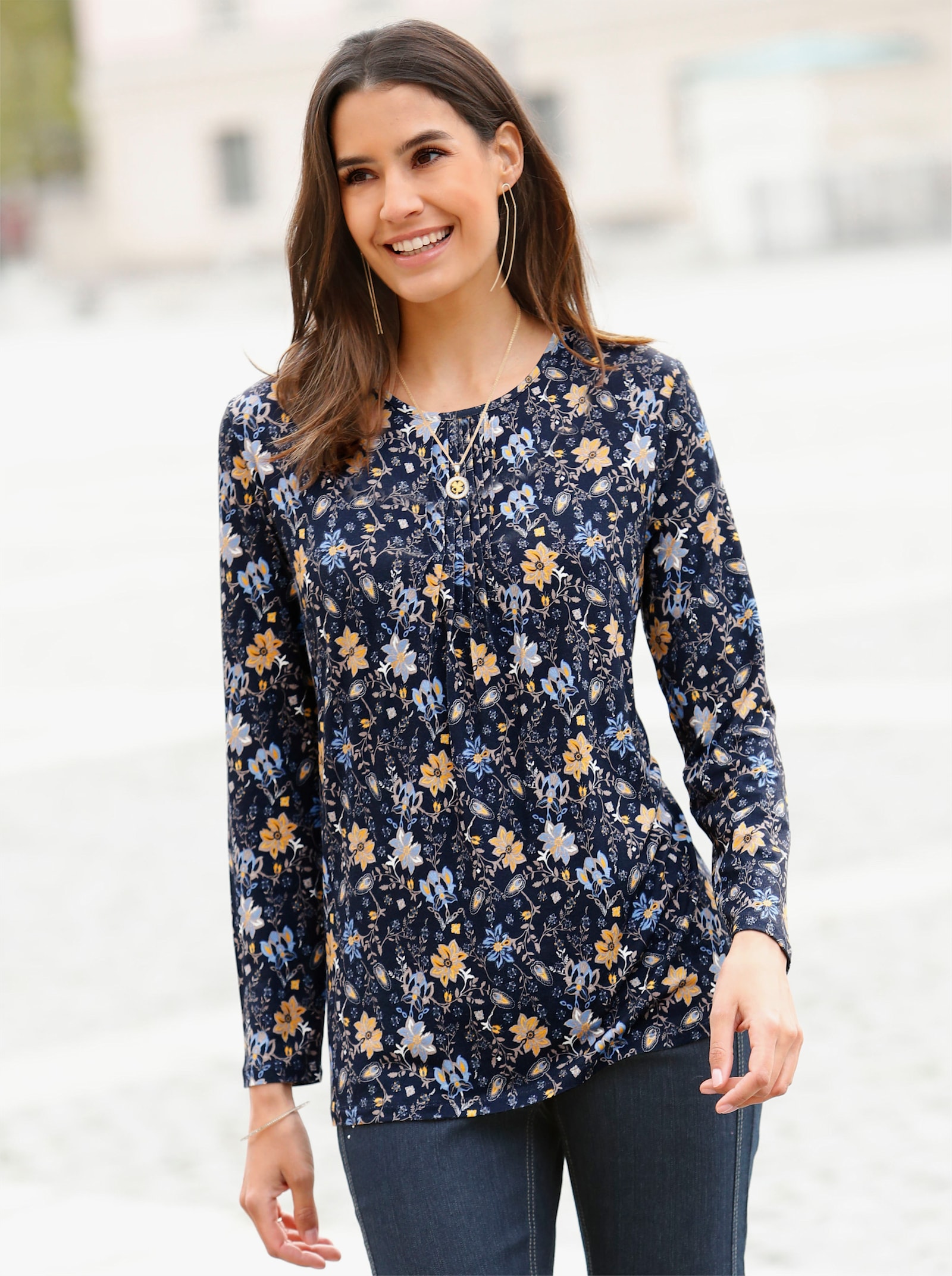 Shirt met print van viscose-stretch - marine/oker bedrukt