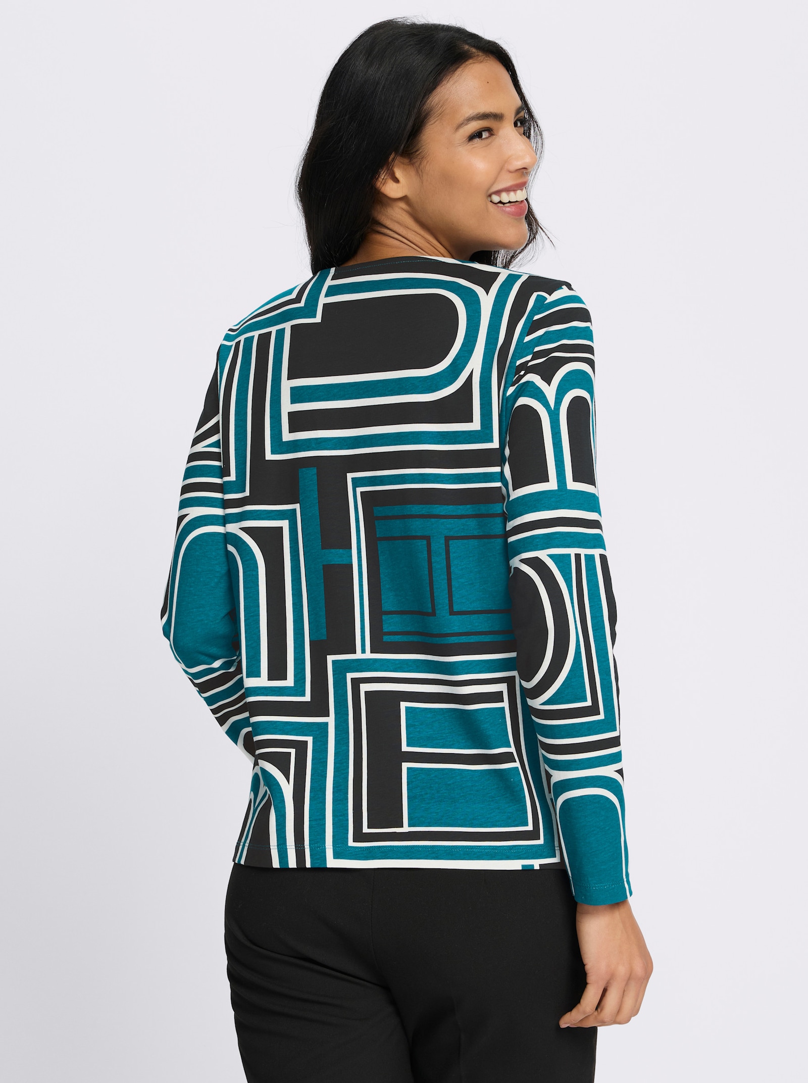 Langarmshirt mit grafischem Druck - aquapetrol-schwarz-bedruckt