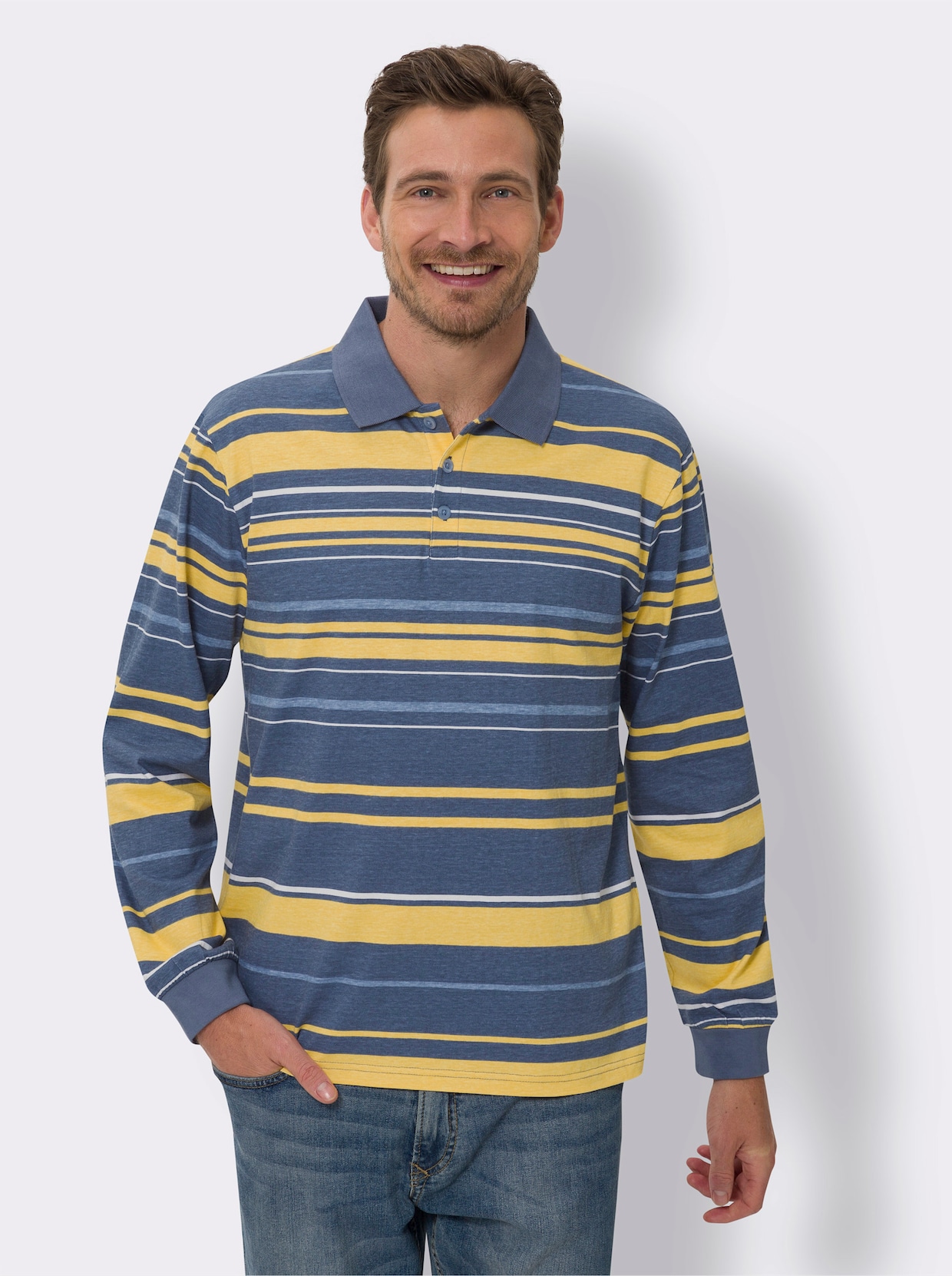 Langarm-Poloshirt - rauchblau-gelb-geringelt