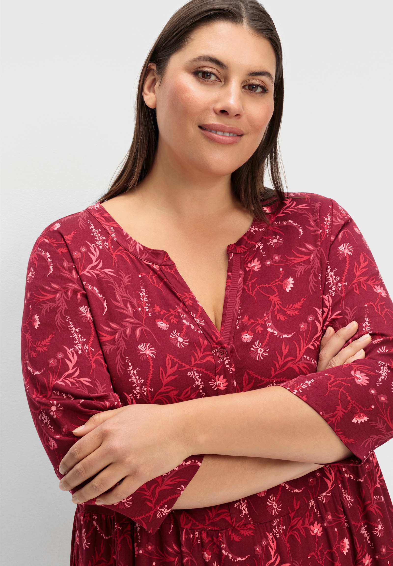 sheego A-Linien-Kleid mit 3/4-Ärmeln - dunkelrot-gemustert