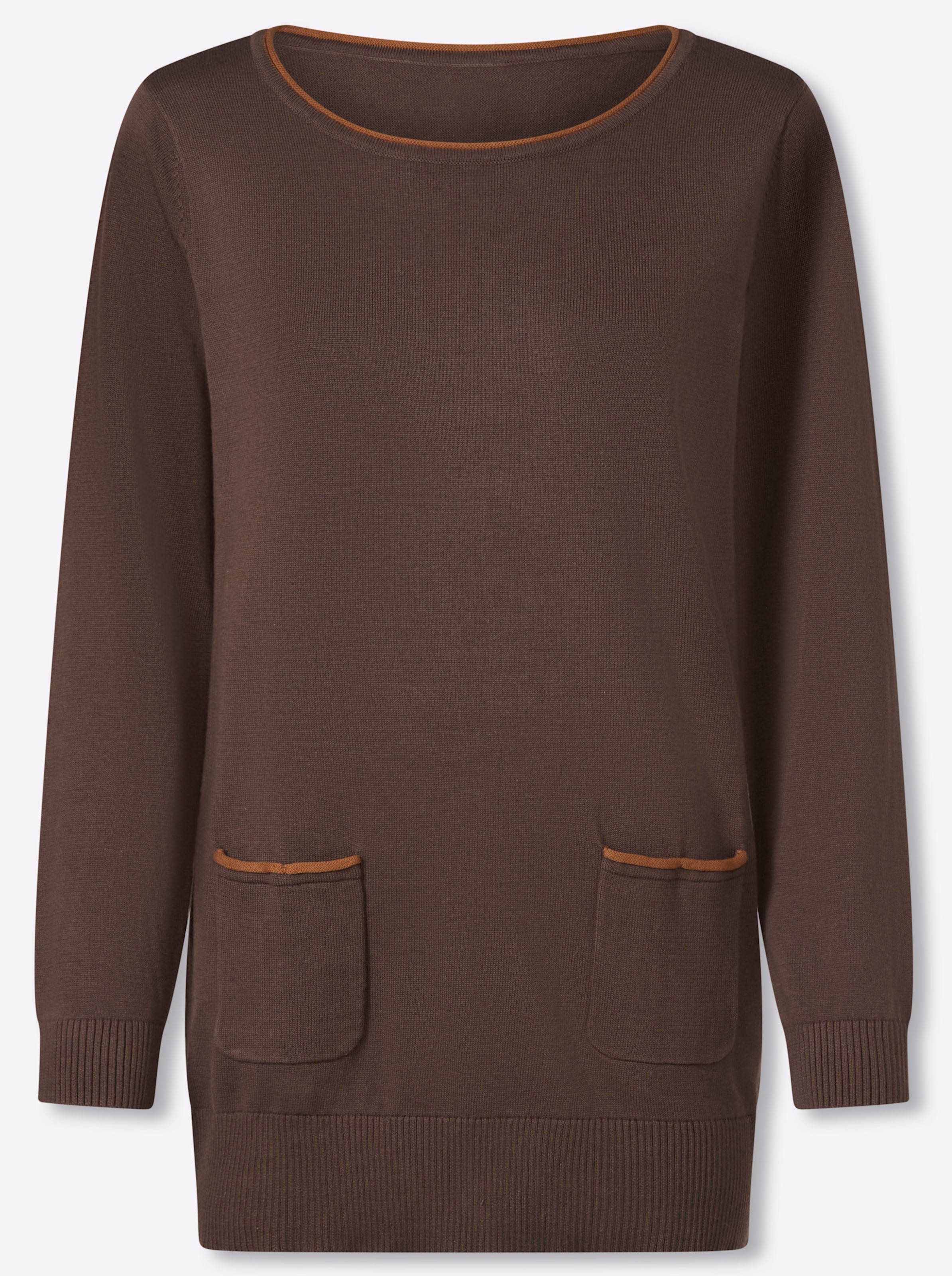 Damen Longpullover mit Kontrast-Rollsaum schoko, Größe 38 - Bild 2