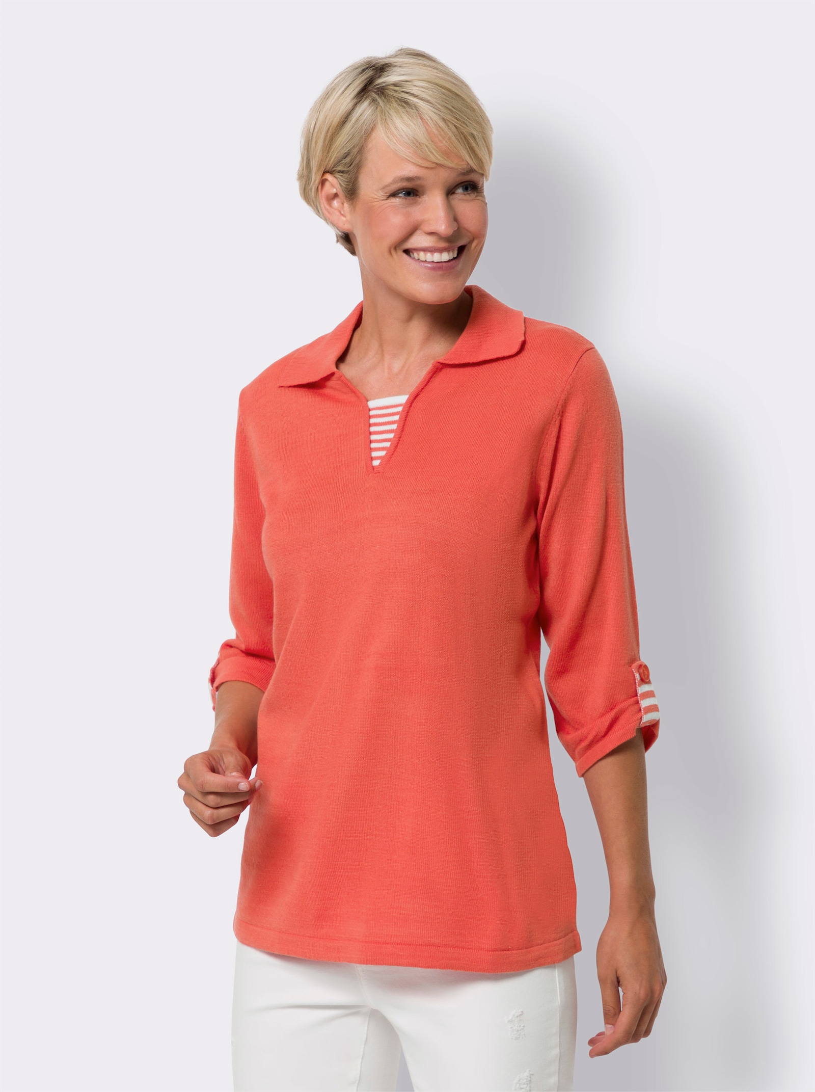 2-in-1-pullover met gestreepte inzetten - grapefruit/wit gedessineerd