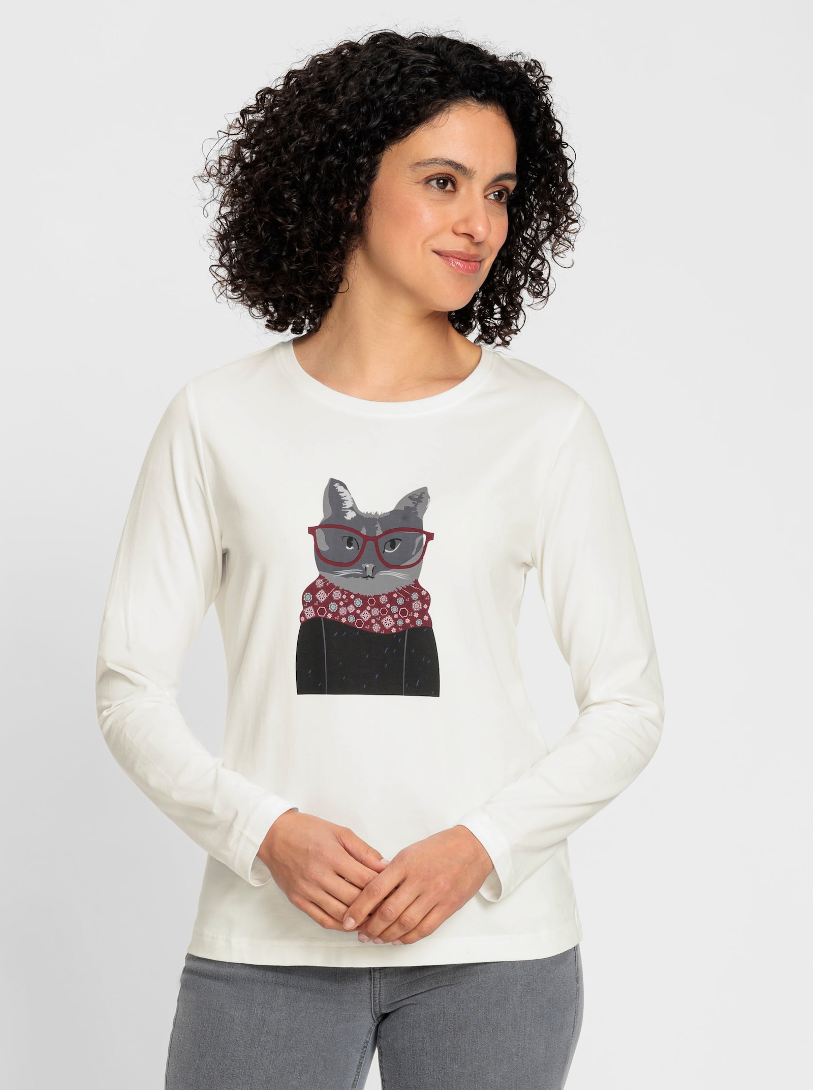  Langarmshirt mit Katzen-Motiv - ecru