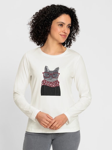 Langarmshirt mit Katzen-Motiv - ecru