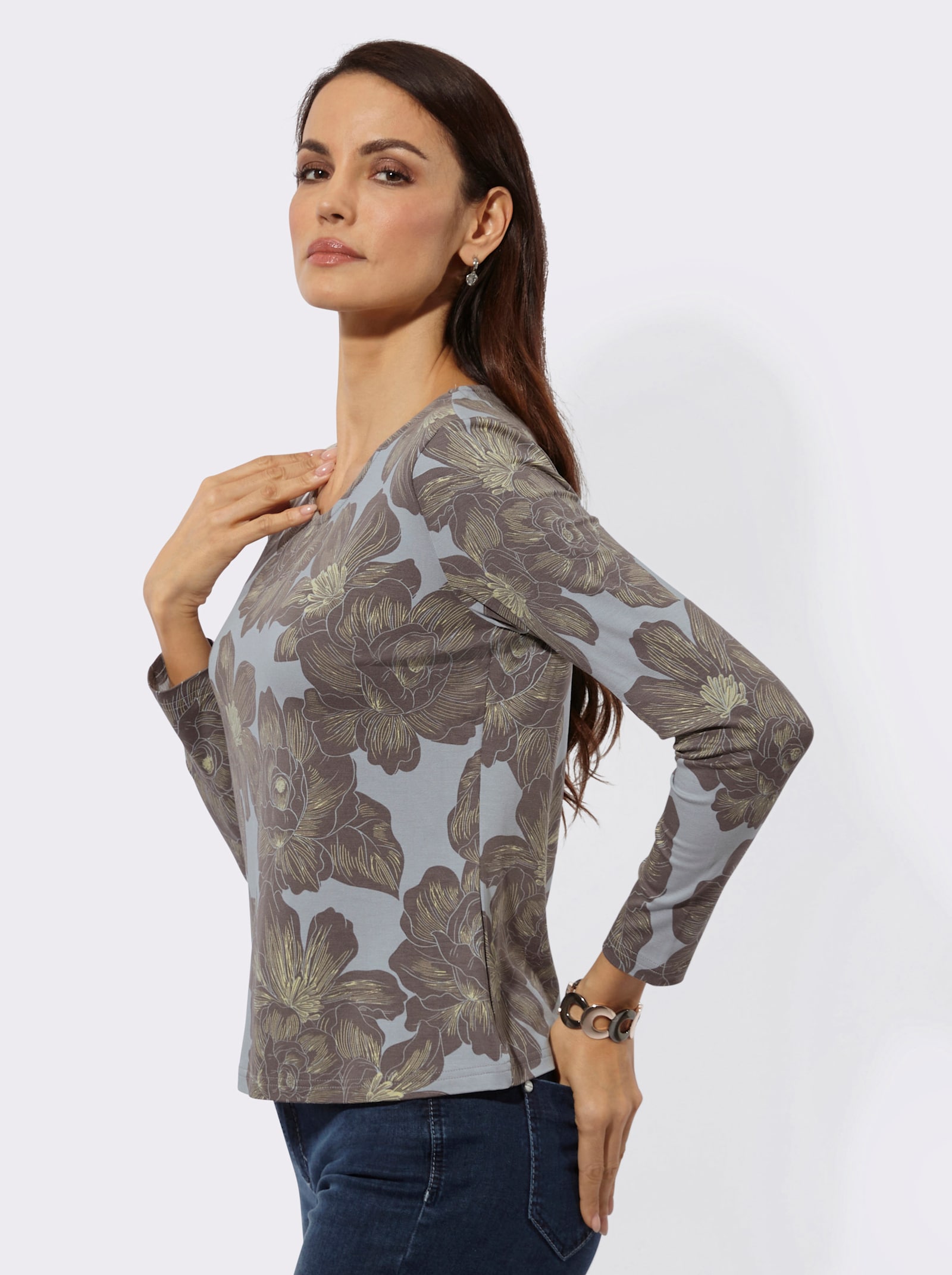 Langarmshirt mit floralem Dessin - hellgrau-dunkeltaupe-bedruckt