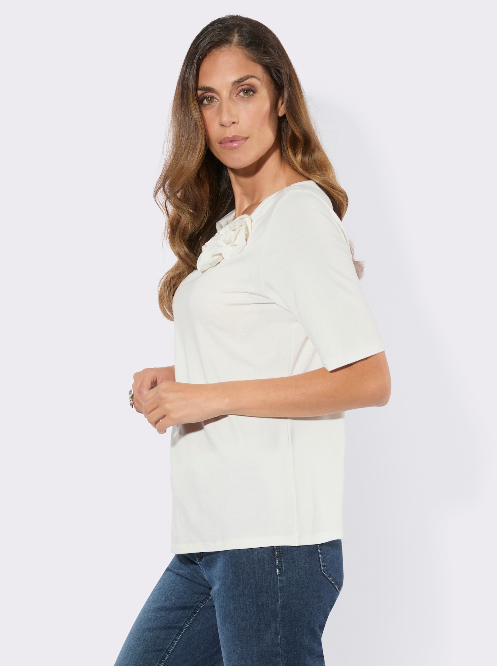 Kurzarmshirt mit asymmetrischem Ausschnitt - ecru