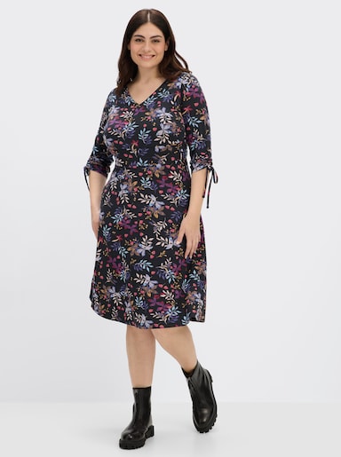 sheego by Joe Browns Jerseykleid mit Bindeband am Ärmel - tiefblau-kirsche-gemustert