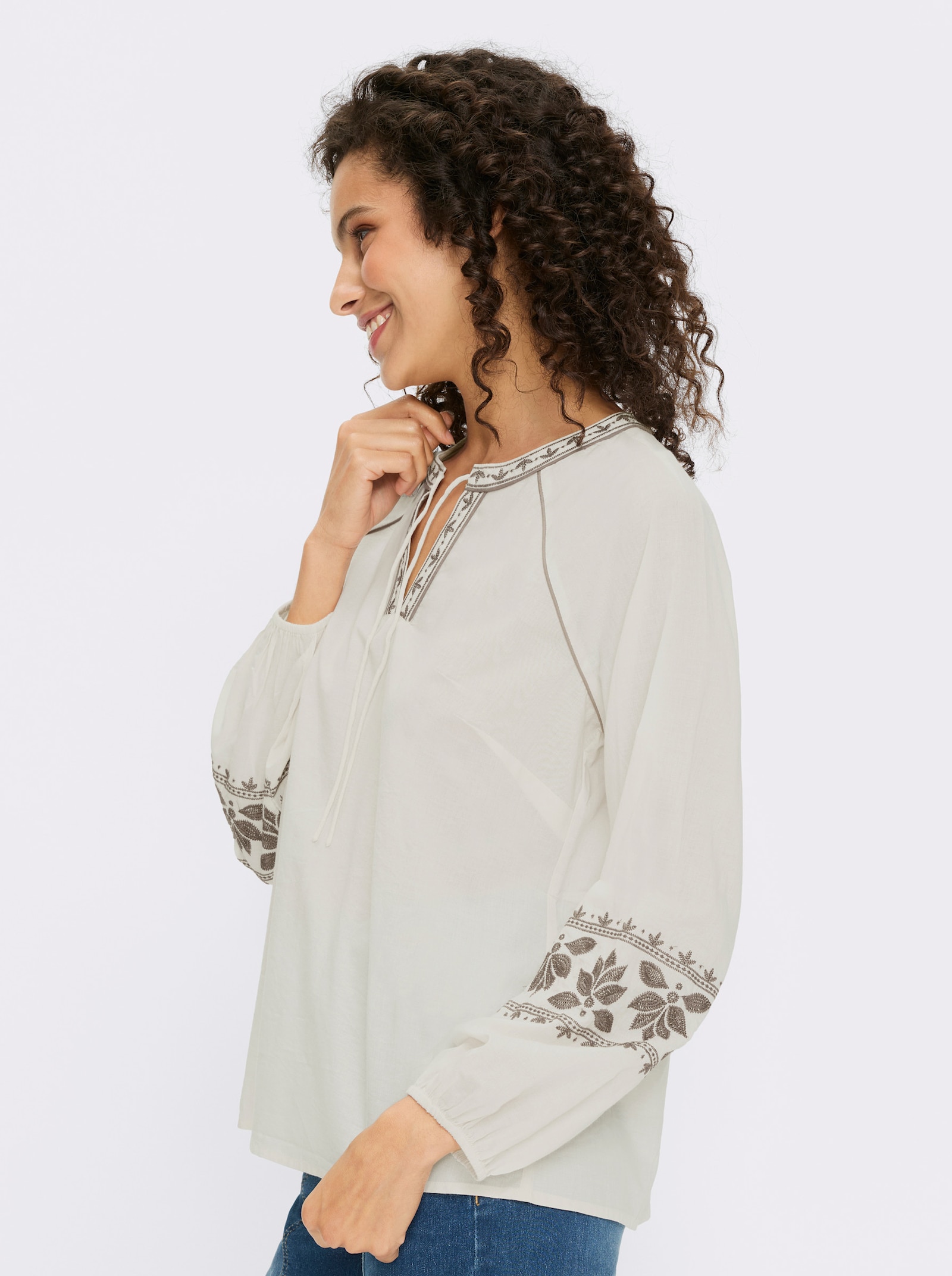 heine Langarm-Bluse mit Ballonärmeln - champagner-dunkeltaupe-gemustert