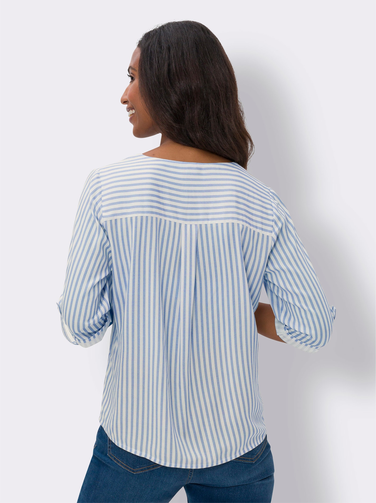 heine Schlupfbluse mit V-Ausschnitt - himmelblau-ecru-gestreift